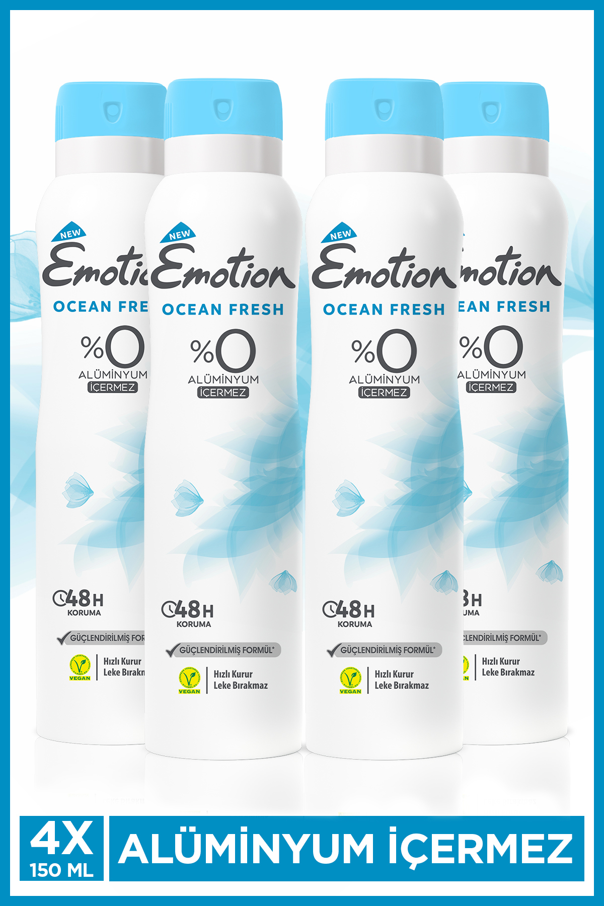 Emotion Ocean Fresh Kadın Alüminyumsuz Vegan Deodorant 4x150 Ml Hızlı Kurur, Leke Bırakmaz