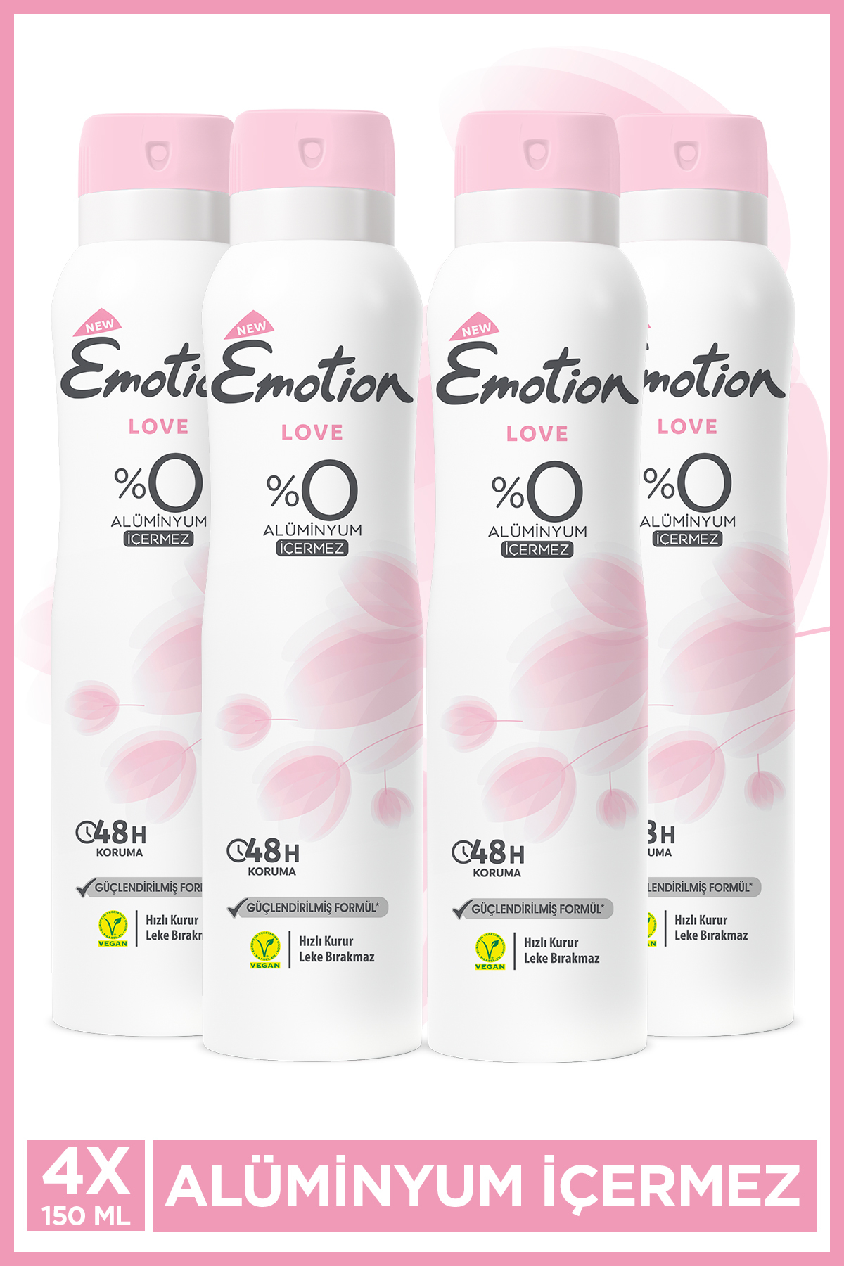 Emotion Love Kadın Alüminyumsuz Vegan Deodorant 4x150 Ml Hızlı Kurur, Leke Bırakmaz