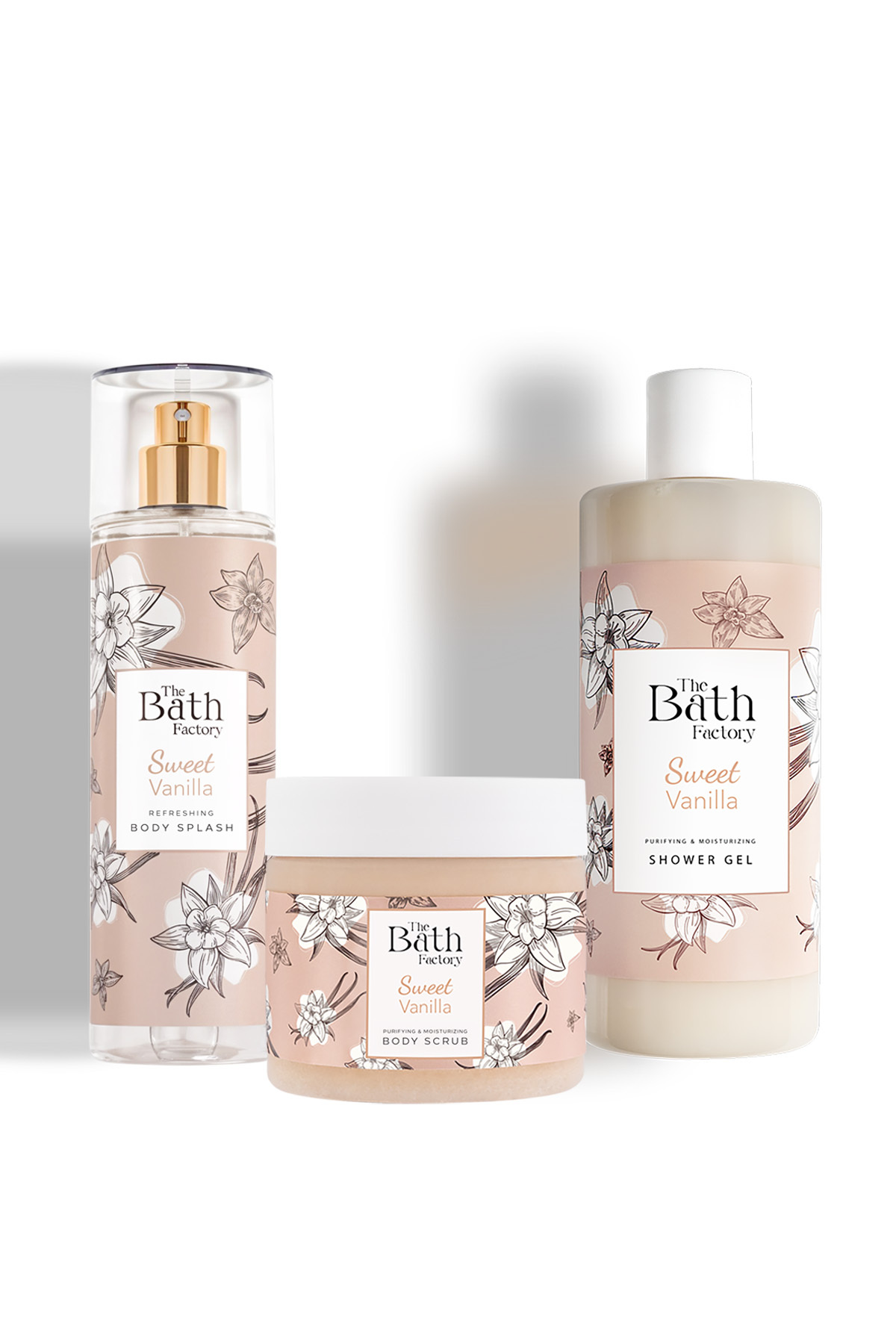 THE BATH FACTORY Sweet Vanilla Duş Jeli + Vücut Peelingi + Vücut Spreyi