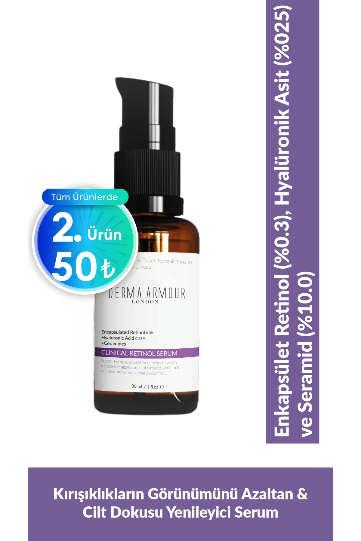 derma armour Clinical Retinol Cilt Bakım Serumu (RETİNOL %0.3 VE HYALURONİK ASİT %0.25), 30 ml