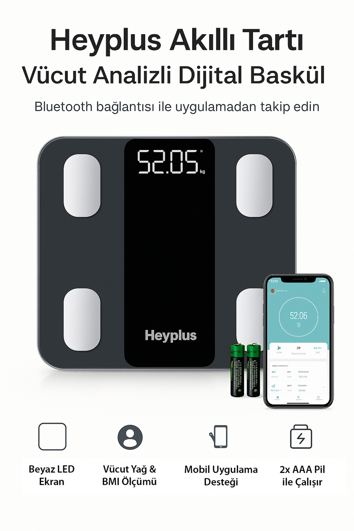 Heyplus Dijital Baskül Akıllı Tartı - Yağ Su Kas Ölçerli Vücut Analiz Baskülü