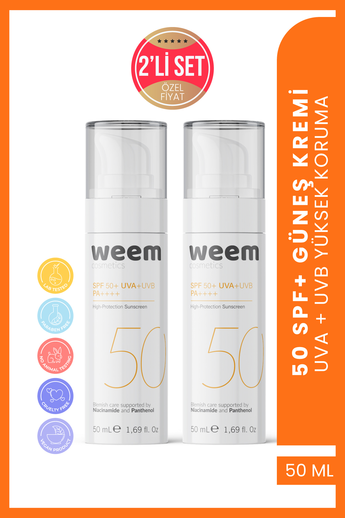 weem Güneş Kremi Spf 50 2’li Set – Leke Karşıtı, Ton Eşitleyici, Yağsız, Su Bazlı 2x50 ml