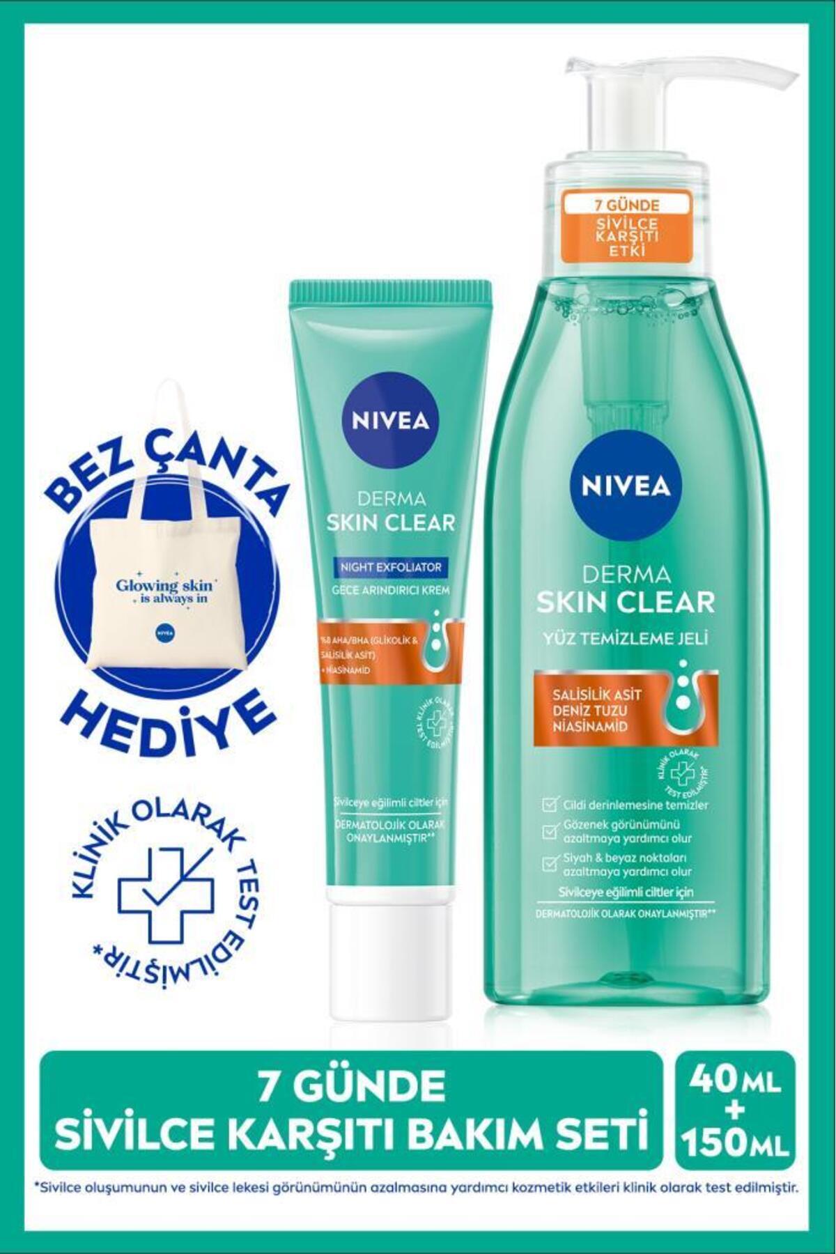 NIVEA Sivilce Karşıtı Derma Skin Clear Yüz Temizleme Jeli 150ml Ve Gece Arındırıcı Krem 40ml, Çanta Hediye