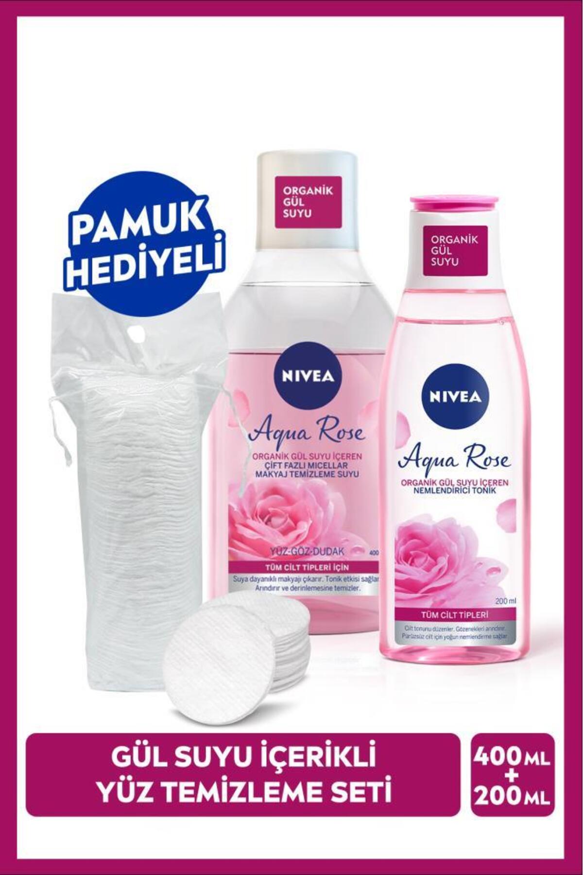 NIVEA Aqua Rose Çift Fazlı Micellar Makyaj Temizleme Suyu 400ml Ve Nemlendirici Tonik 200ml, Pamuk Hediye