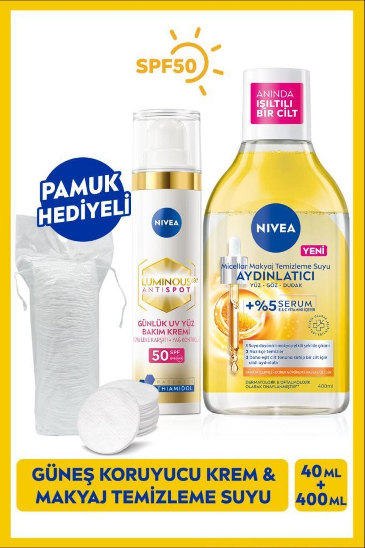 NIVEA SPF50 Luminous630 Leke Karşıtı Güneş Koruyucu Krem ve Micellar Makyaj Temizleme Suyu, Pamuk Hediye