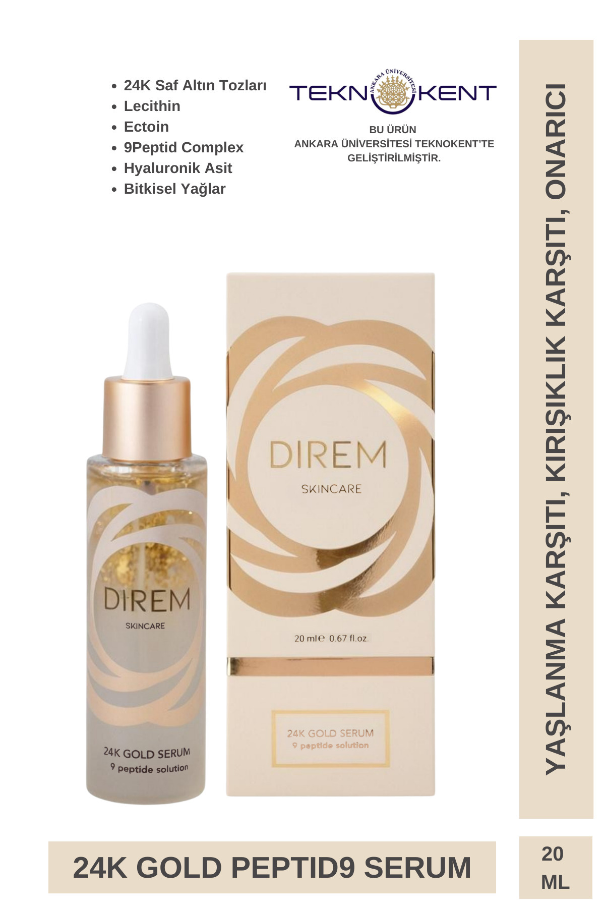 Direm Beauty 24K Saf Altın & 9Peptide İçeren Yaşlanma ve Kırışıklık Karşıtı Onarıcı Serum