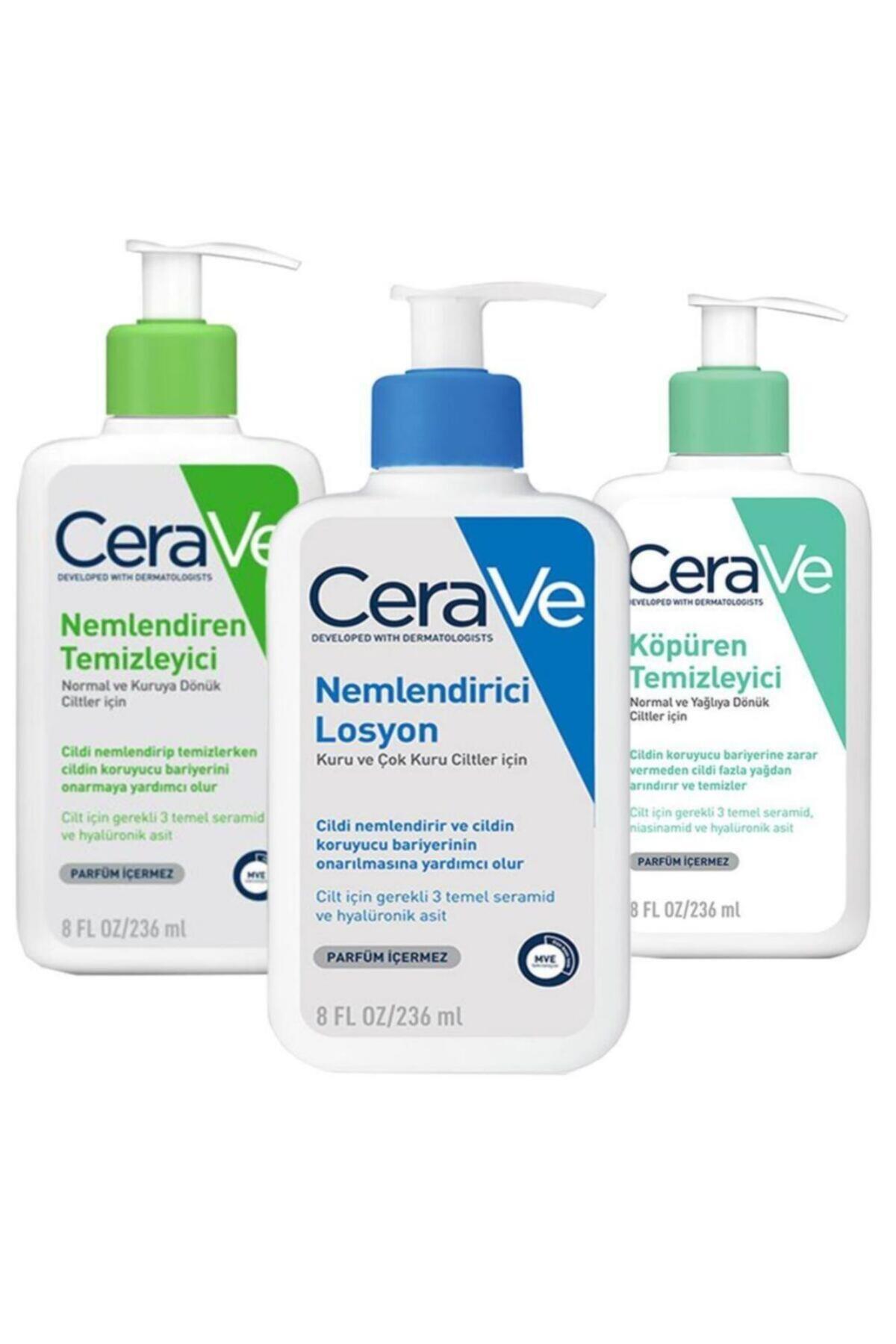 CeraVe Nemlendiren Temizleyici 236 Ml + Köpüren Temizleyici 236ml + Nemlendirici Losyo