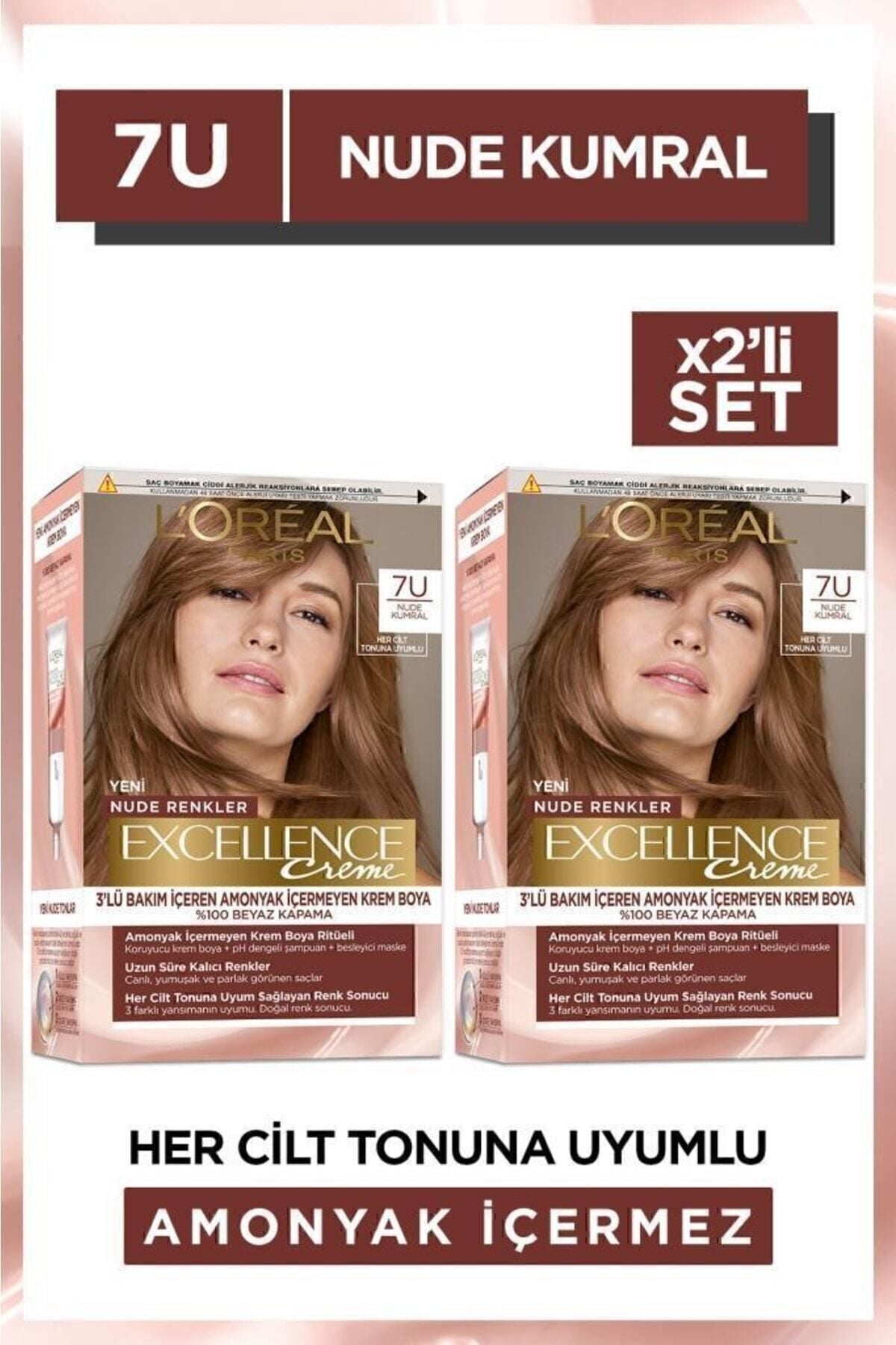 L'Oreal Paris Excellence Creme Nude Renkler Saç Boyası – 7u Nude Kumral 2'li Set