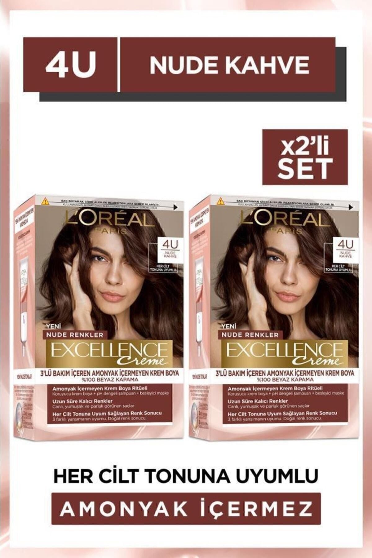 L'Oreal Paris Excellence Creme Nude Renkler Saç Boyası – 4u Nude Kahve 2'li Set