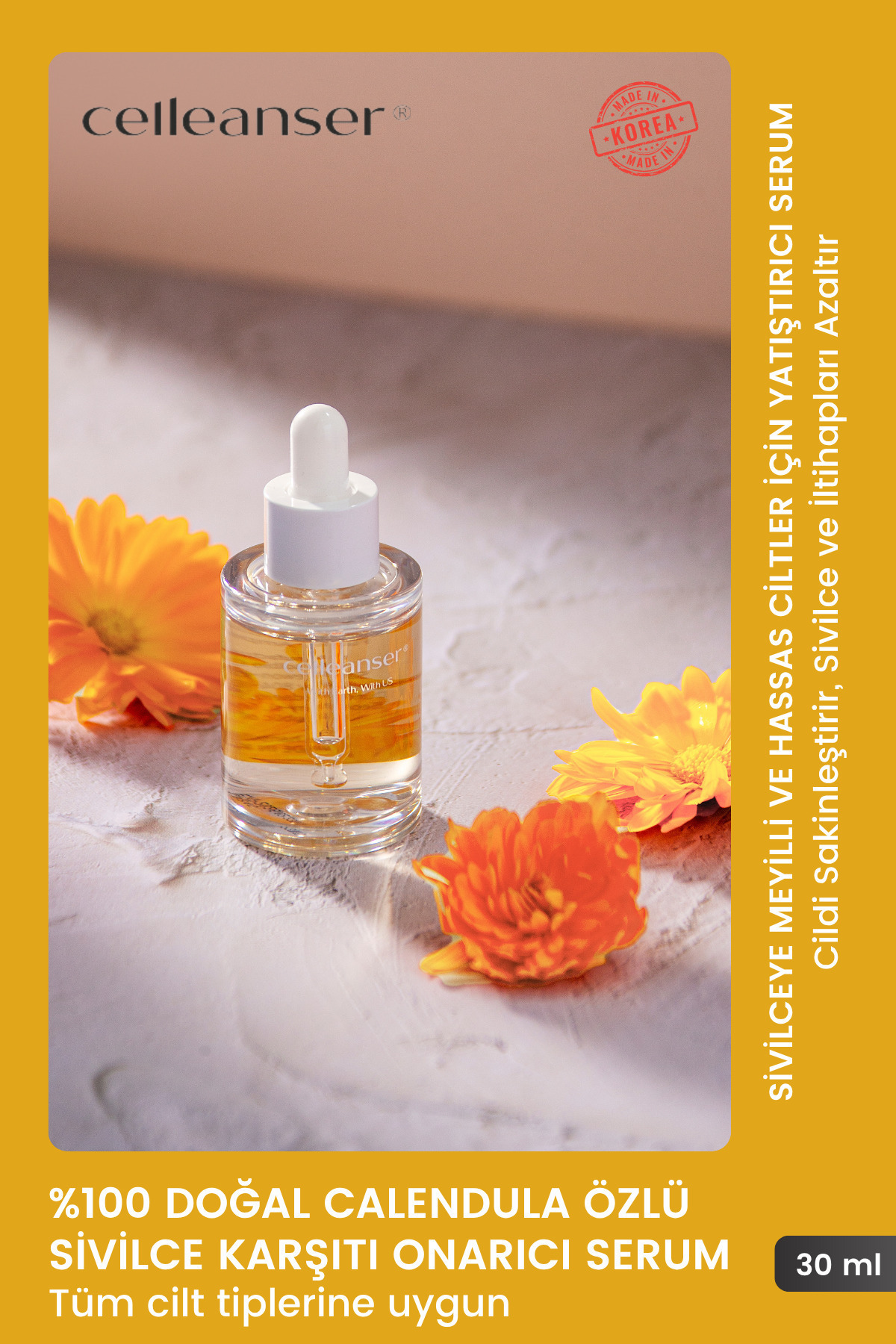 celleanser Kore Vegan Yatıştırıcı Yüz Serumu - Calendula Içeren Karşıtı Besleyici, Yatıştırıcı Serum