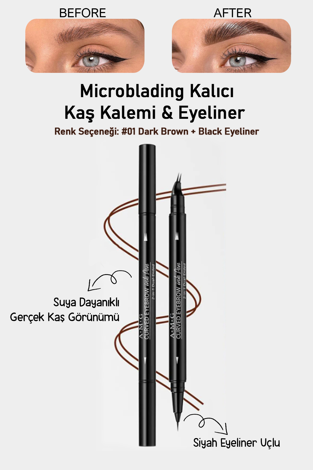 Pastelya Suya Dayanıklı Çatal Uçlu Kaş Kalemi – 2’si 1 Arada Krem Microblading Etkili Eyeliner & Kaş Kalemi - KOYU KAHVERENGİ