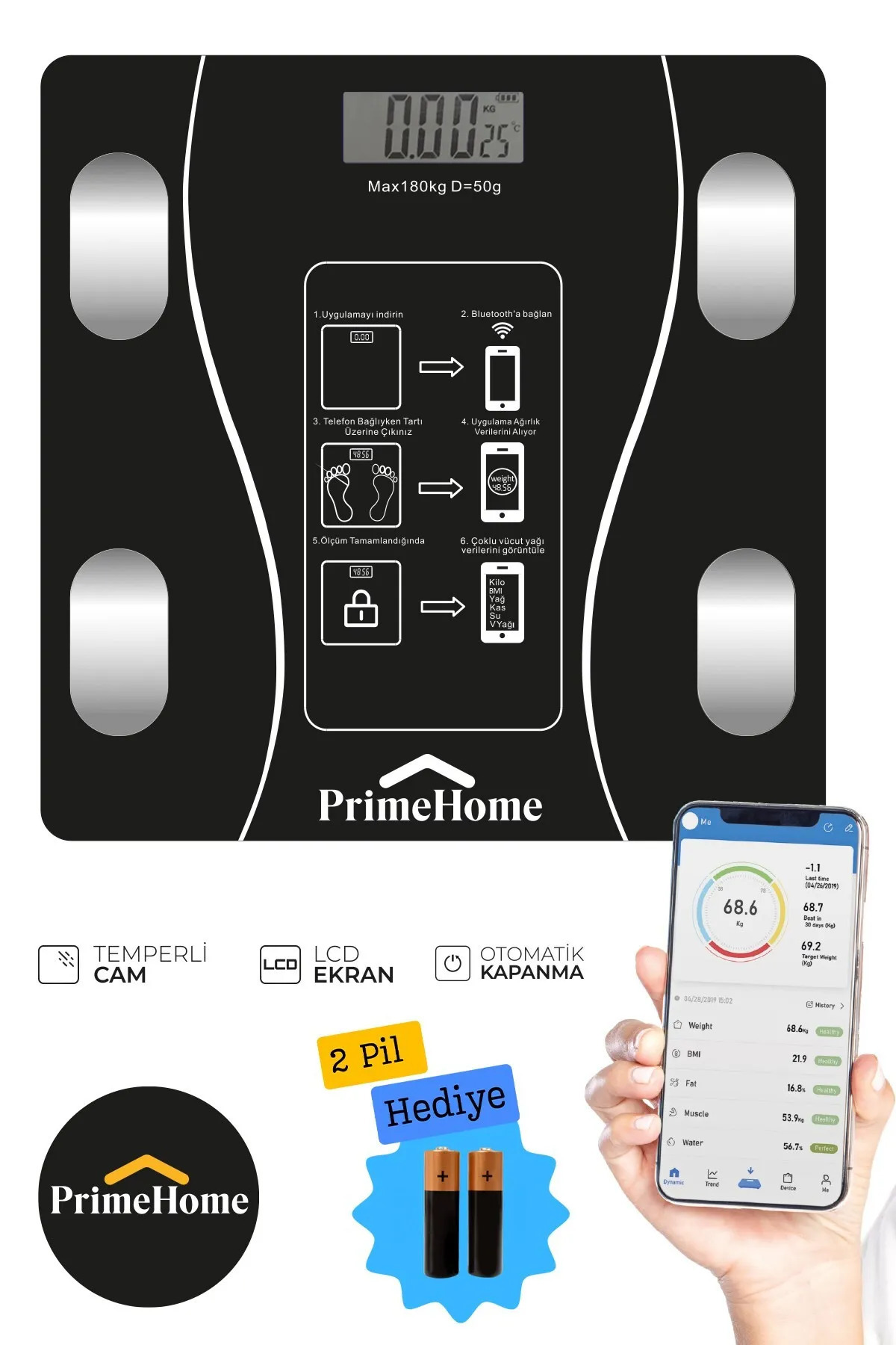 PRİME HOME Prime Home Dijital Baskül Yağ Su Kas Vücut Kitle Endeksi Kilo Ölçer Tartı Bluetooth Siyah