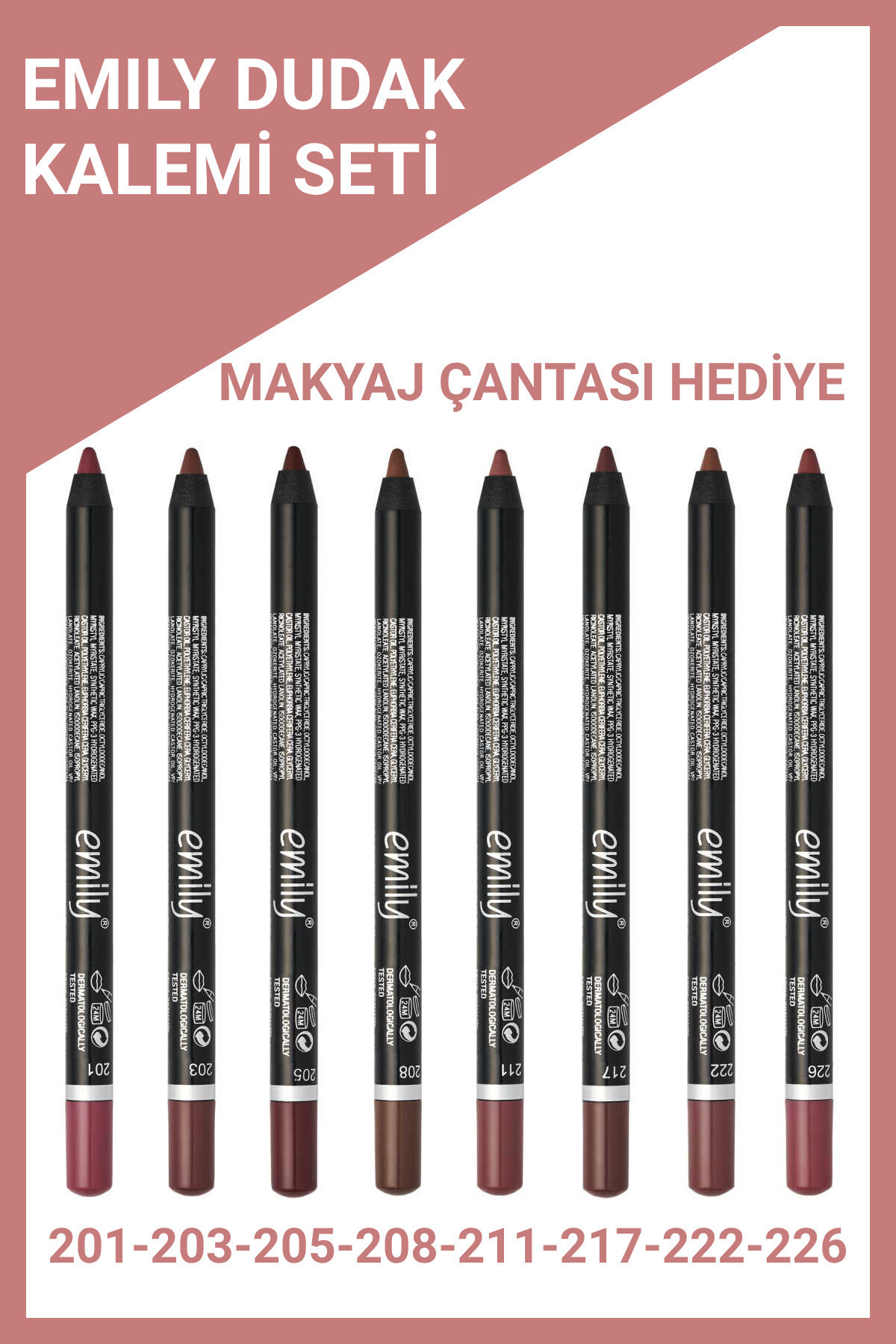 Golden Rose Emily Dudak Kalemi 8'li Set No: 201-203-205-208-211-217-222-226 + Makyaj Çantası Hediye