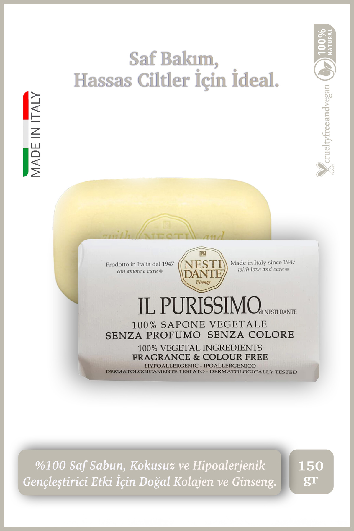 Nesti Dante Il Purissimo %100 Saf Sabun 150 gr | Kokusuz ve Renksiz | Hipoalerjenik | Hac ve Umre Sabunu