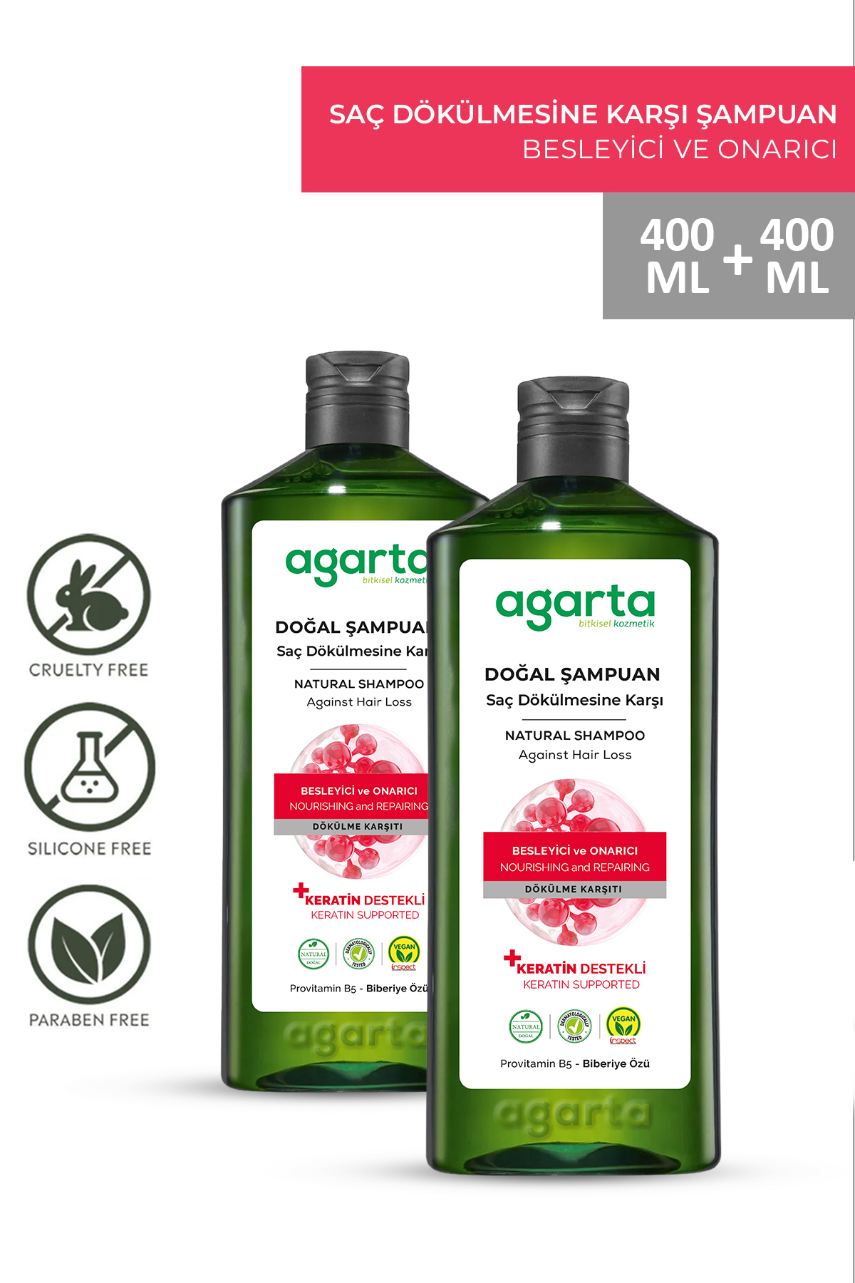 Agarta 2 Adet Saç Dökülmesine Karşı Bitkisel Biberiye İçeren Tuzsuz Şampuan 400 Ml