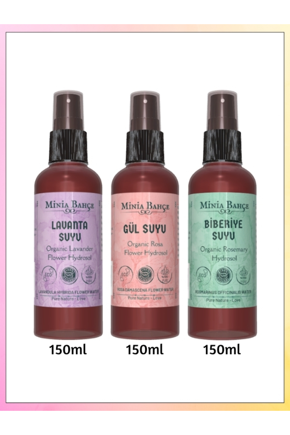Minia Bahçe Bitki ve Sanat Atölyesi Lavanta, Biberiye Ve Gül Suyu (1. MAYA) Seti, %100 Doğal, Yağlı, 150ml X 3