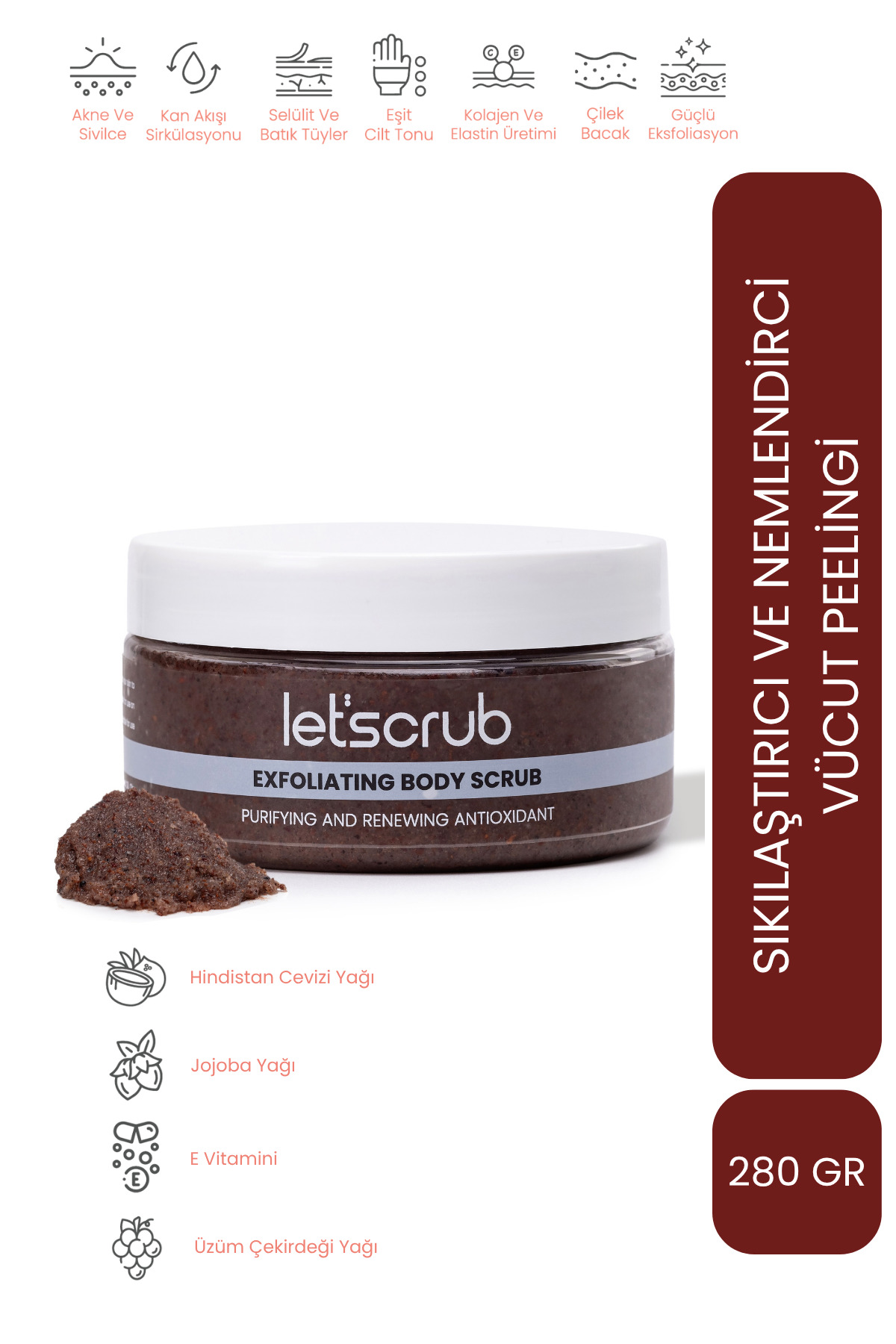 LET'SCRUB Antioxidant Body Scrub Vücut Peelingi Üzüm Çekirdekli Arındırıcı Ve Yenileyici 280 gr