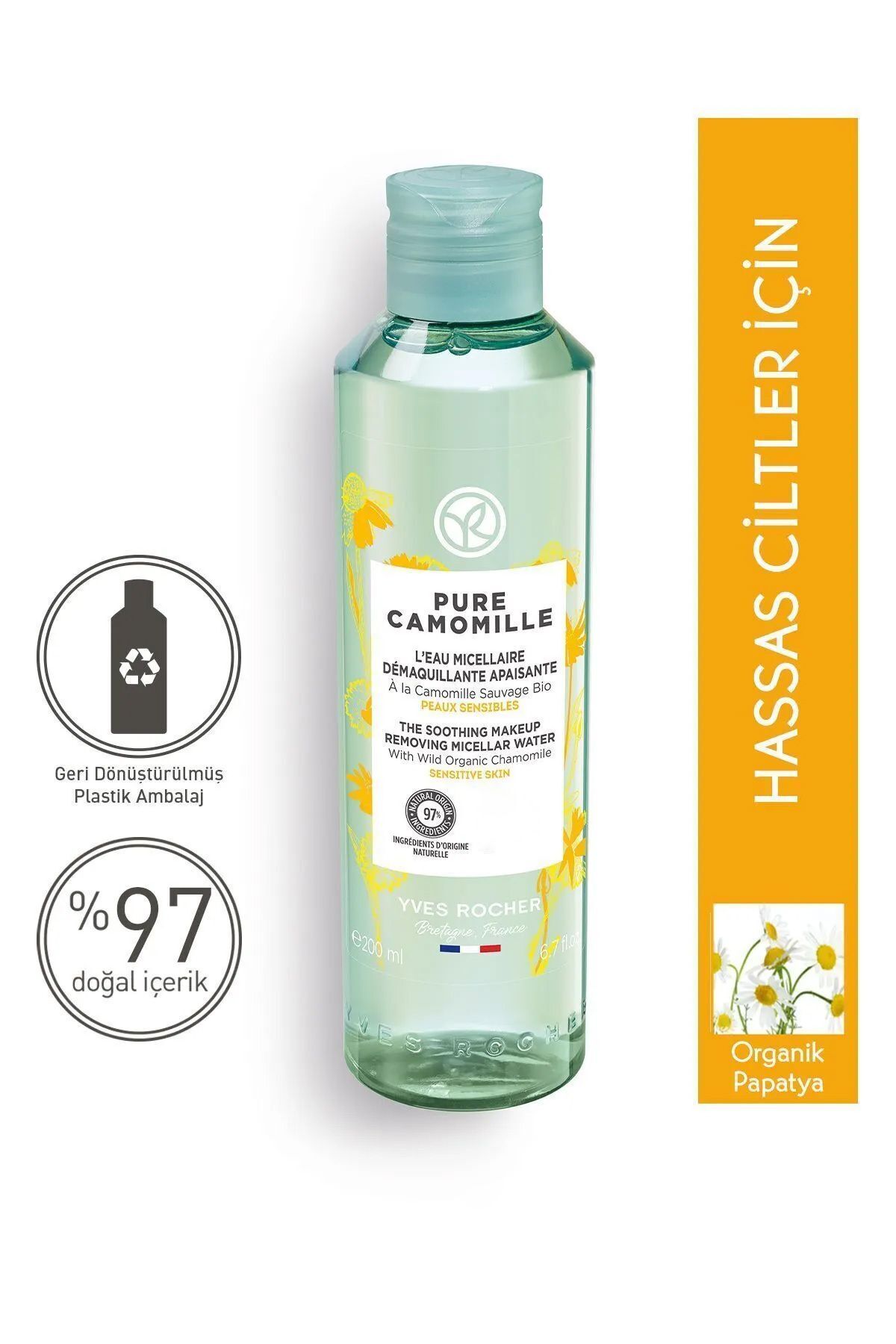 Yves Rocher Hassas Cilt, Yatıştırıcı Organik Papatya, Micellar Makyaj Temizleme Suyu-Pure Camomille-200ml