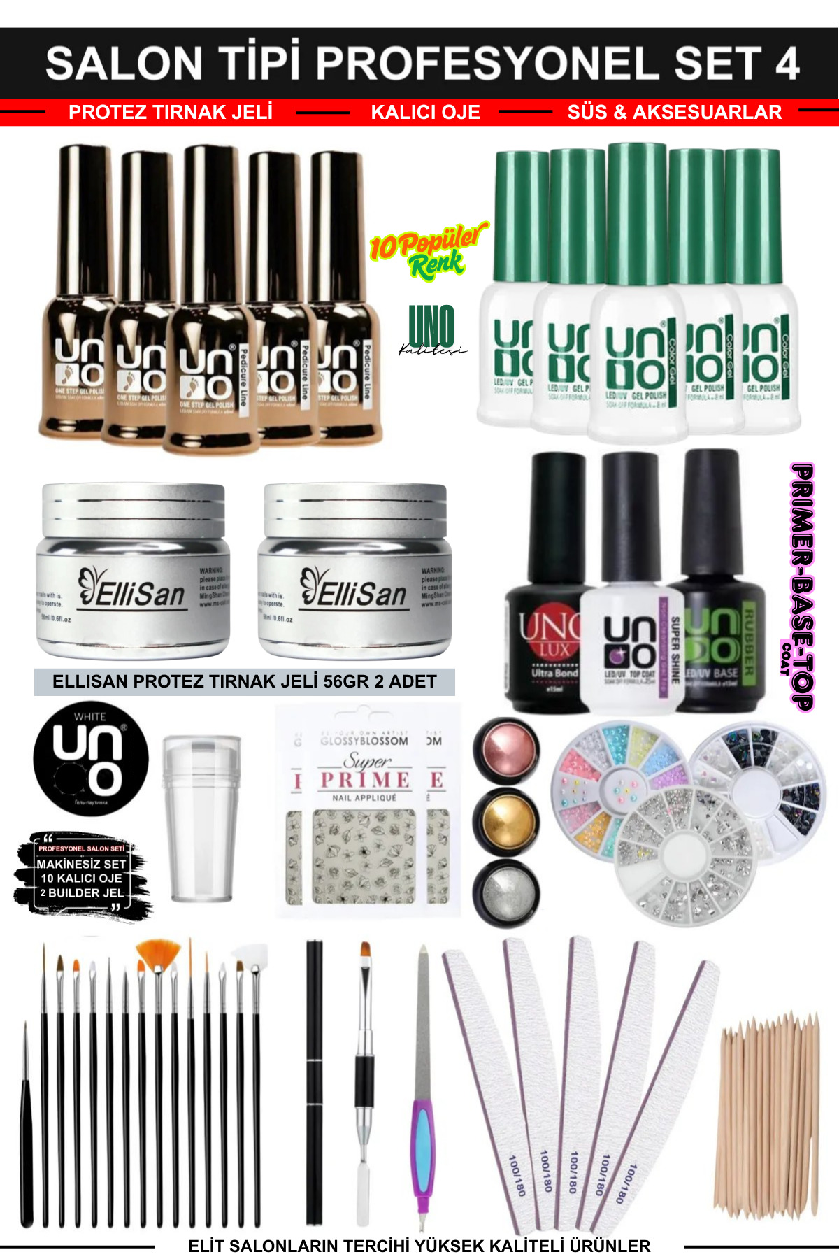 KozMood Kalıcı Oje - Protez Tırnak Seti Salon Set:4 (JEL SÜS FIRÇA FULL PARÇA) Uno Kalıcı Oje 10 Adet