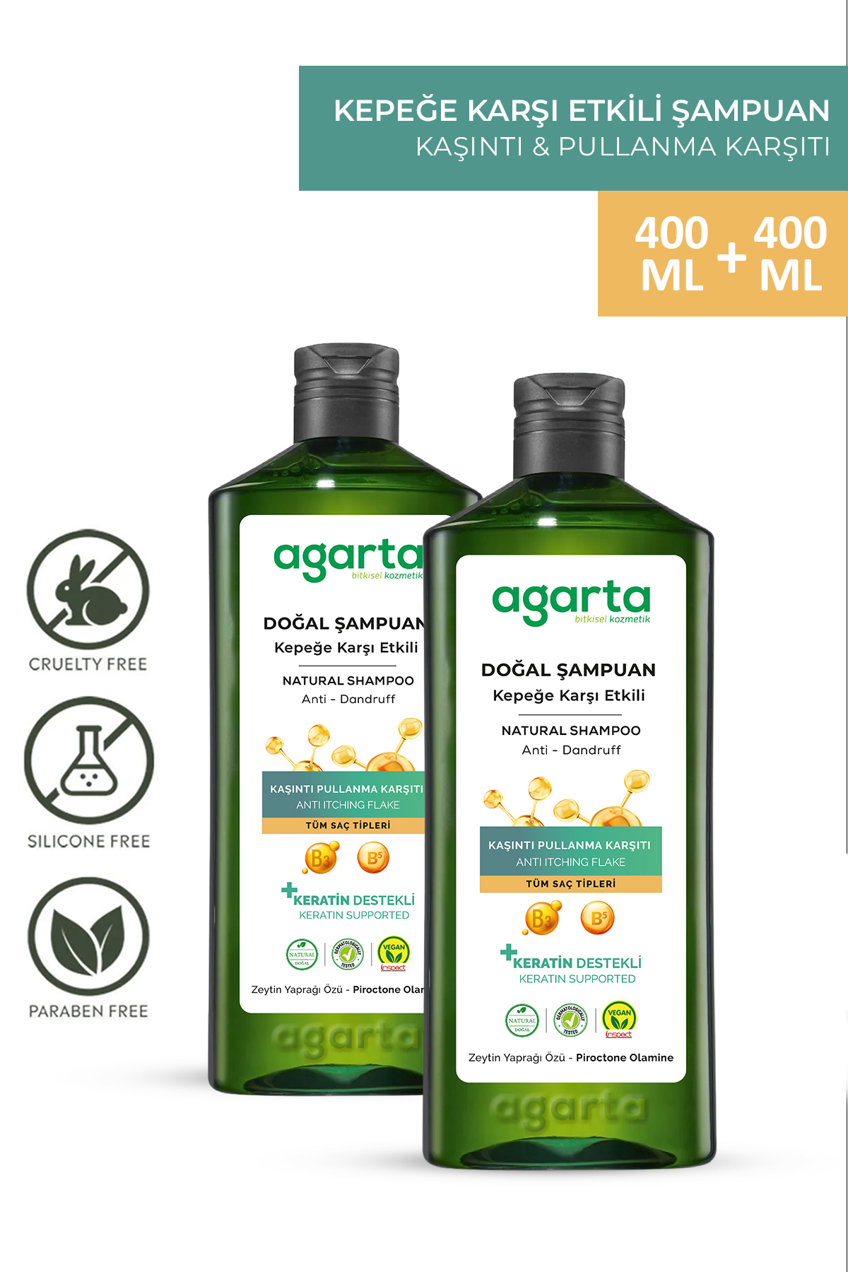 Agarta 2 Adet Doğal Kepeğe Karşı Etkili Şampuan 400 ml (VEGAN,TUZSUZ)