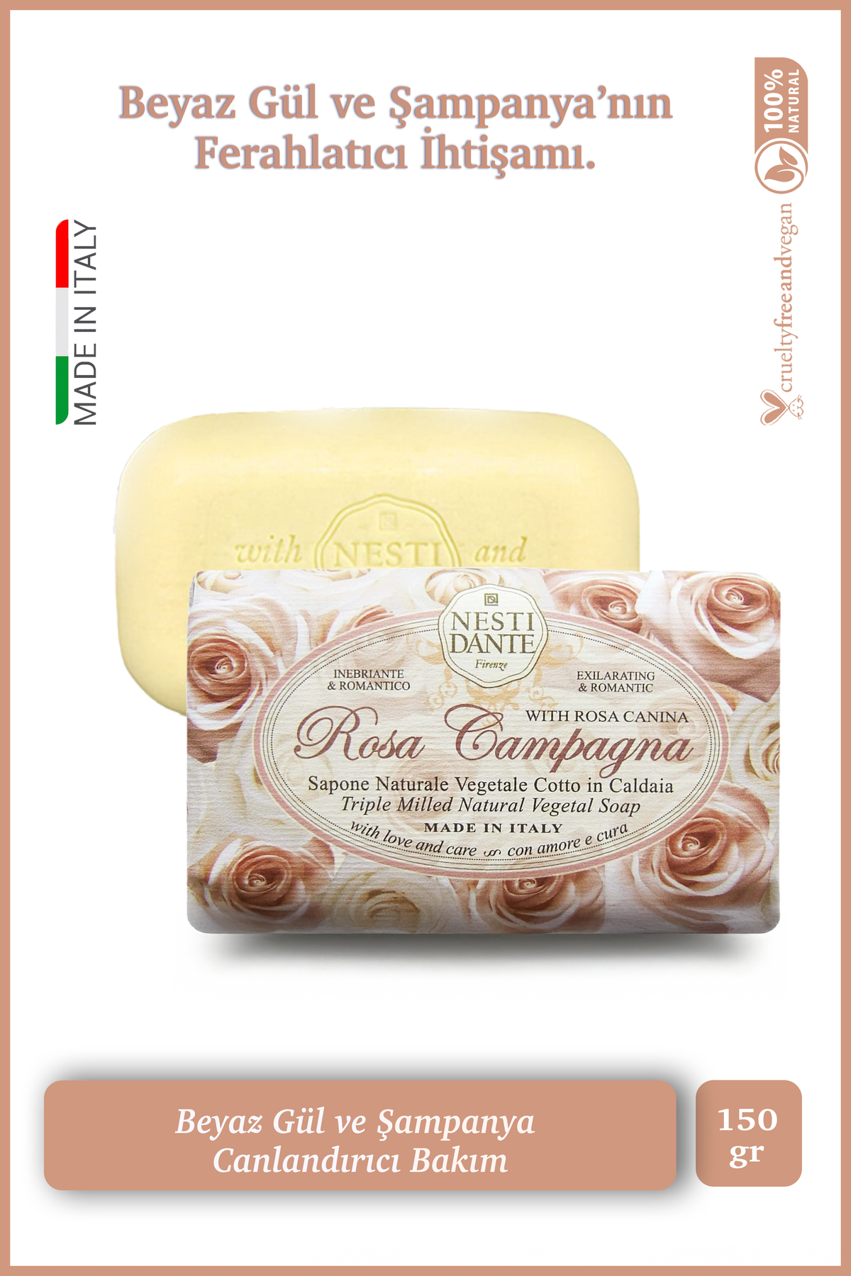 Nesti Dante Le Rose Champagne Katı Sabun 150 gr | Beyaz Gül Özü | Canlandırıcı | Banyo Sabunu