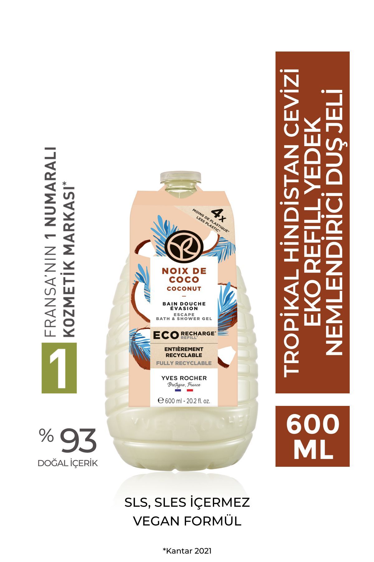 Yves Rocher Eko Refill Yedek Duş Jeli-Nemlendirici Tropikal Hindistan Cevizi- SLS,SLES İçermez,Vegan- 600ml