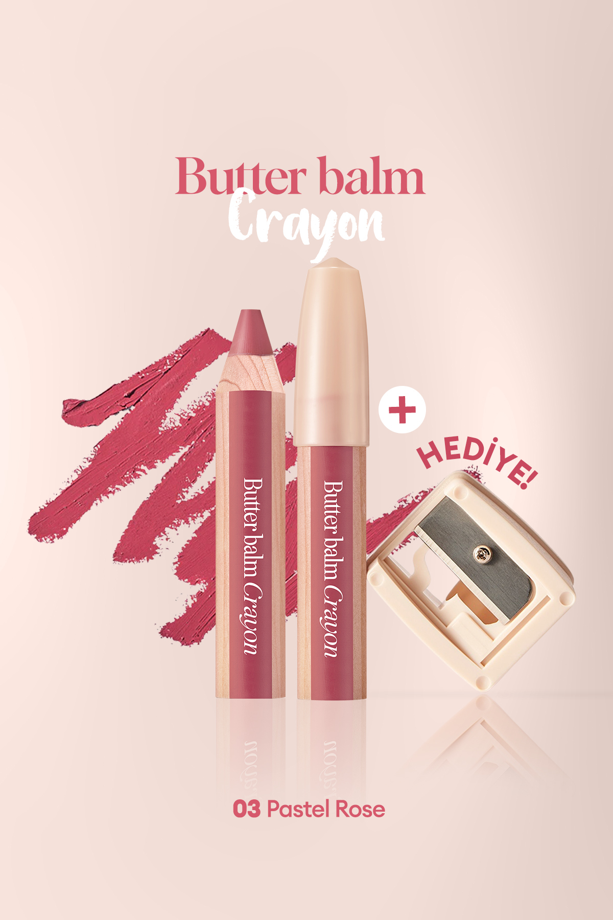 CLIO Kremsi, Kalem Şeklinde Renkli Dudak Balmı & Kalemtıraş CLIO Butter Balm Crayon 003 Pastel Rose