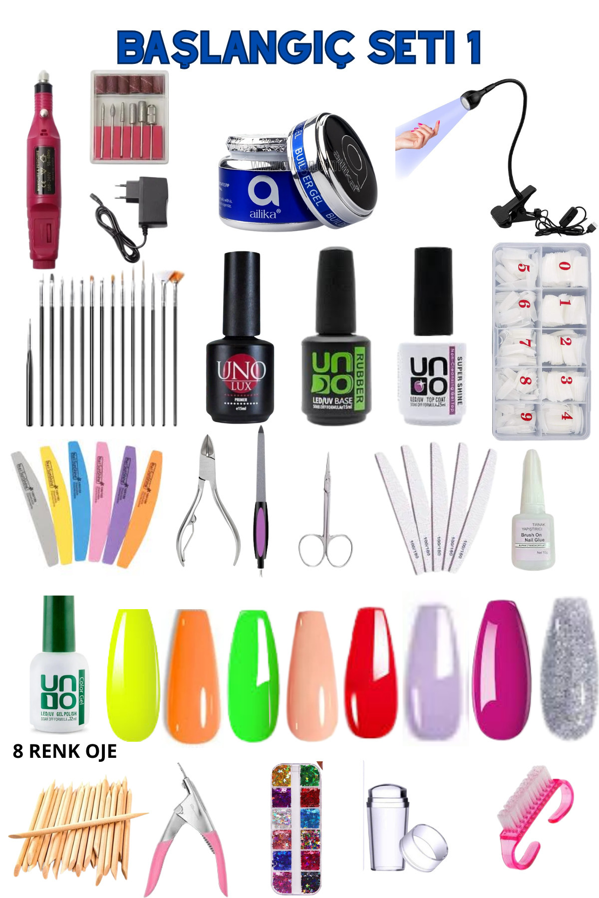 Uno Nail Kalıcı Oje - Protez Tırnak Başlangıç Seti (Uno Oje - Aiika Jel & Primer Base Top Coat | Aksesuar)