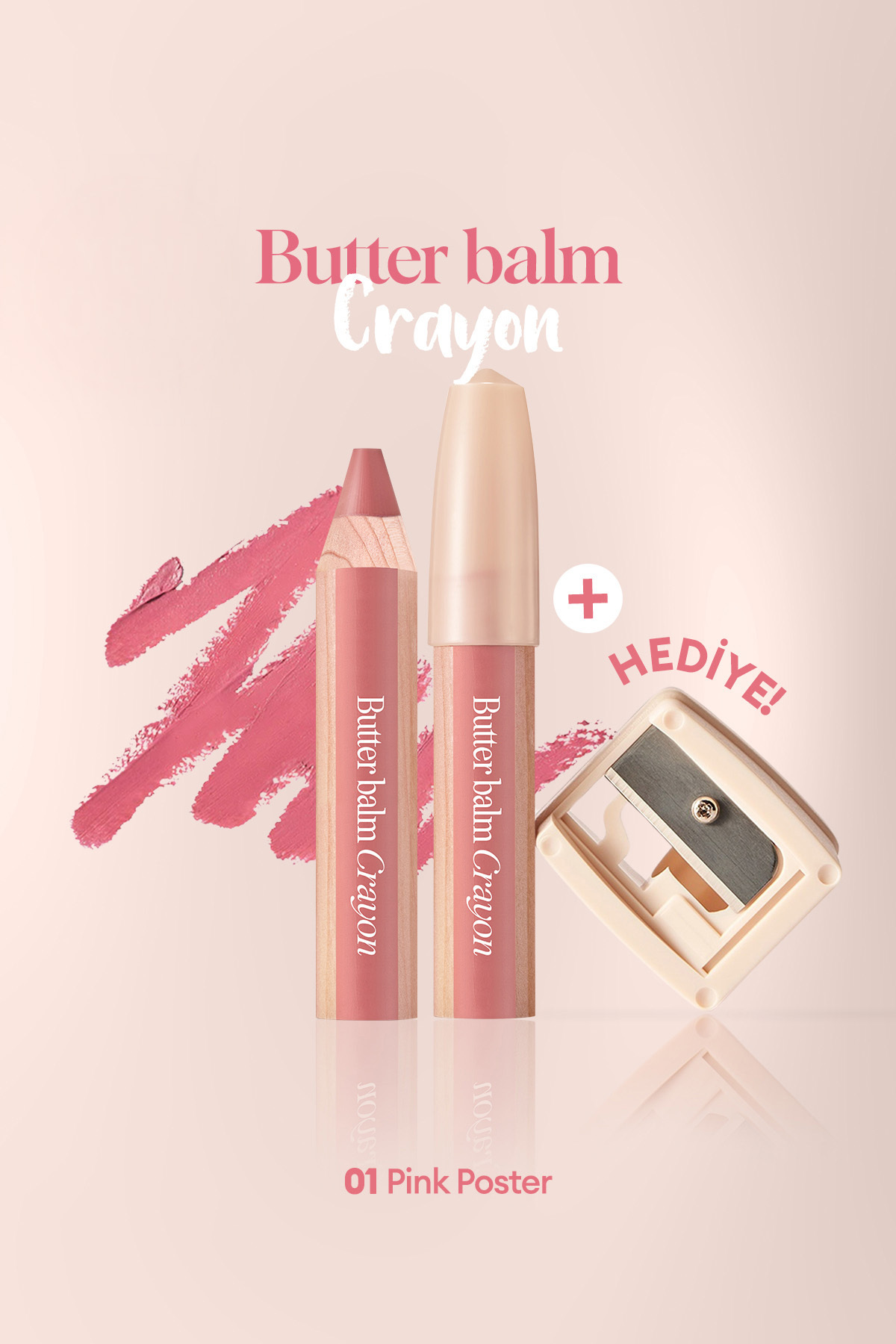 CLIO Kremsi, Kalem Şeklinde Renkli Dudak Balmı & Kalemtıraş CLIO Butter Balm Crayon 001 Pink Poster