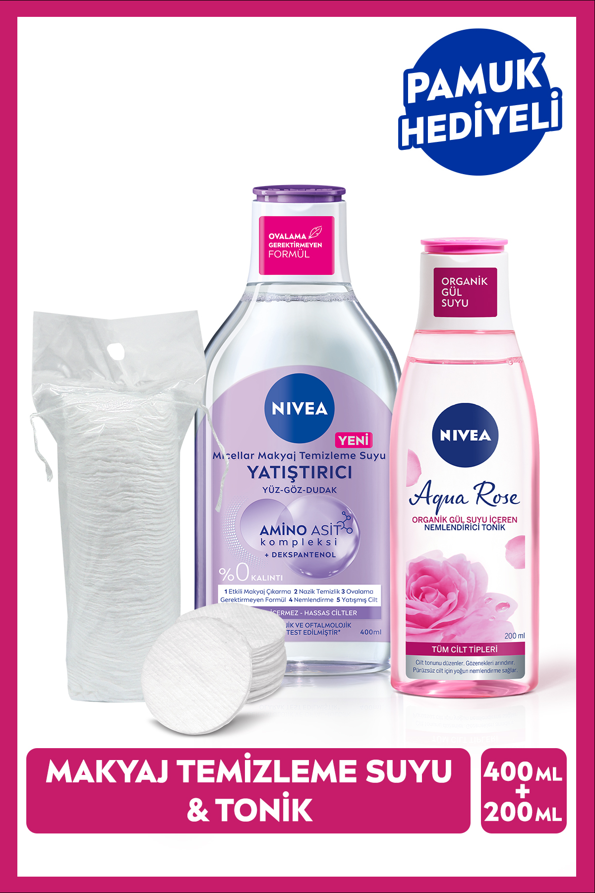 NIVEA Yatıştırıcı Micellar Makyaj Temizleme Suyu Ve Aqua Rose Tonik 200ml, Pamuk Hediyeli Çeyiz Seti