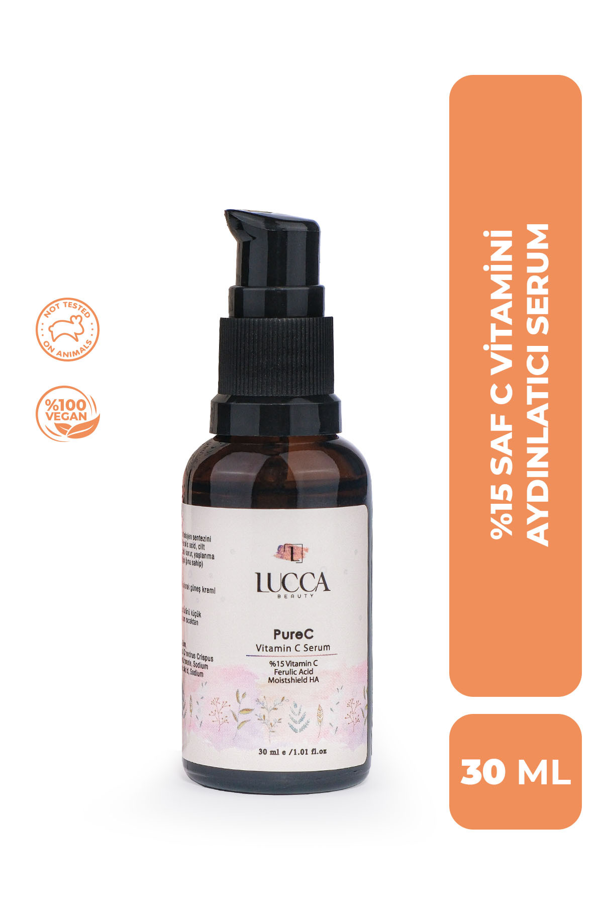 LUCCA BEAUTY PureC %15 Saf C Vitamini Serum 30 ml - Aydınlatıcı ve Hyaluronik Asit İçeren Cilt Serumu