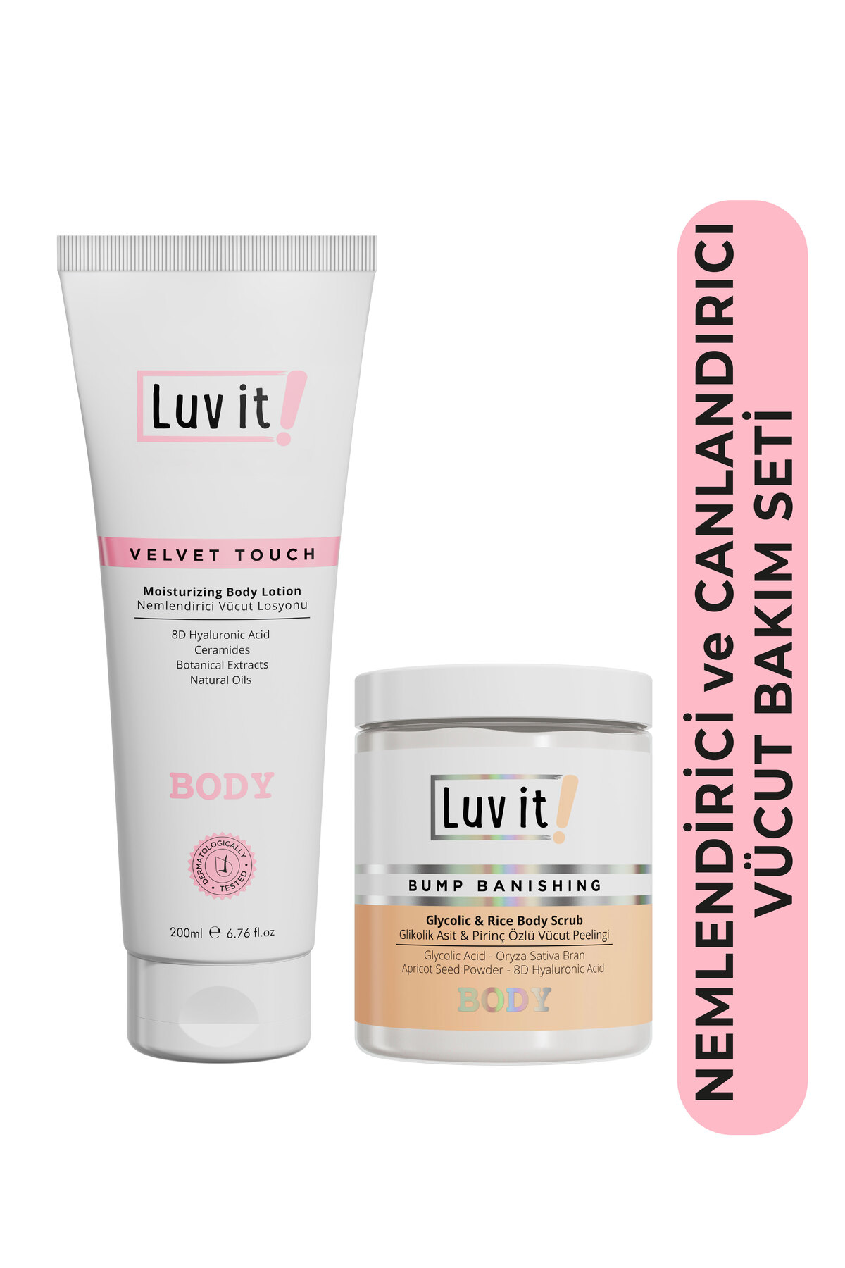 Luv it! Pirinç Özlü, Seramid ve Hyalüronik Asit İçeren 2'li Vücut Bakım Seti - Body Scrub ve Vücut Losyonu
