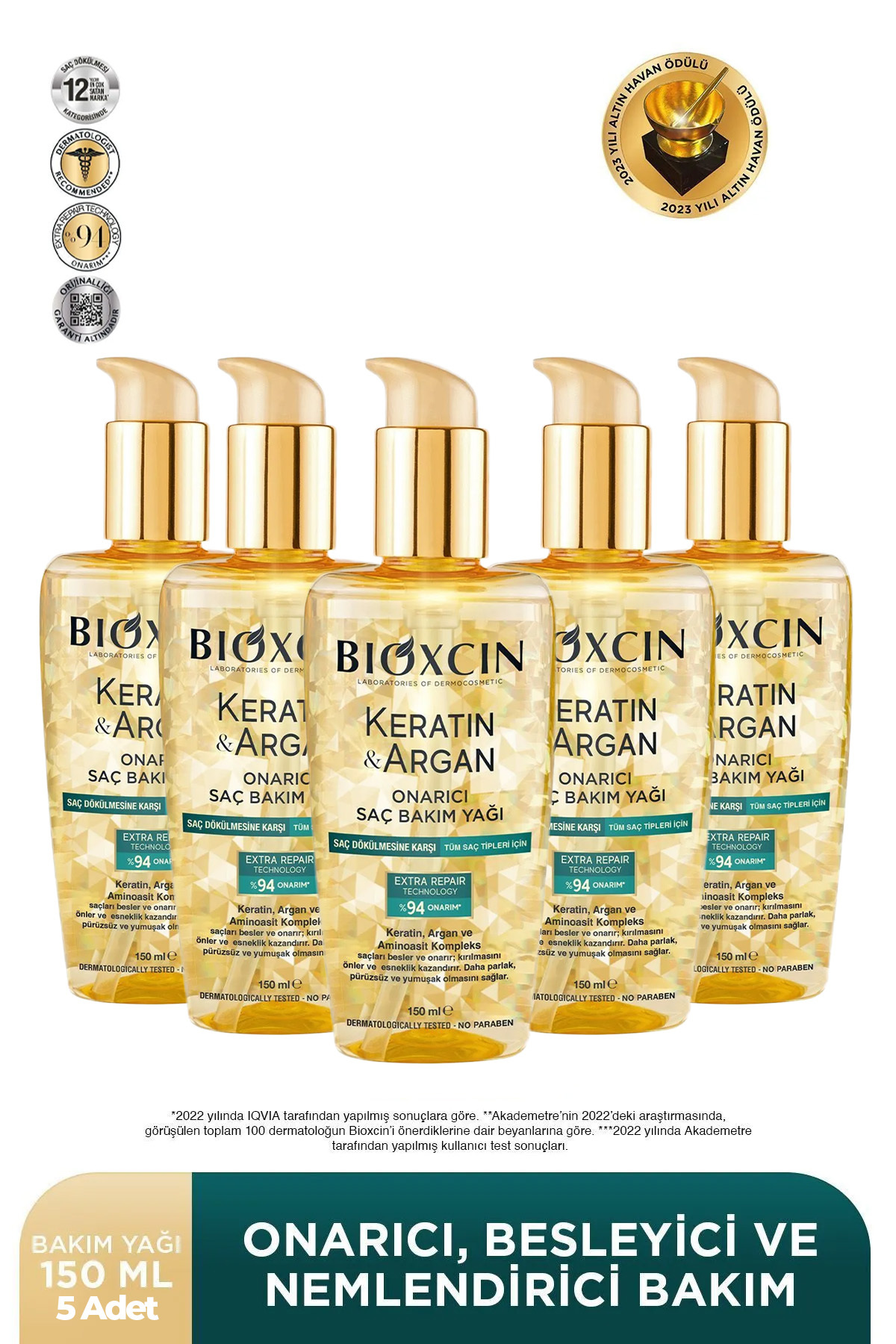 Bioxcin Keratin & Argan Onarıcı Saç Bakım Yağı 150 ml - Yıpranmış Ve Hassas Saçlar 5'li