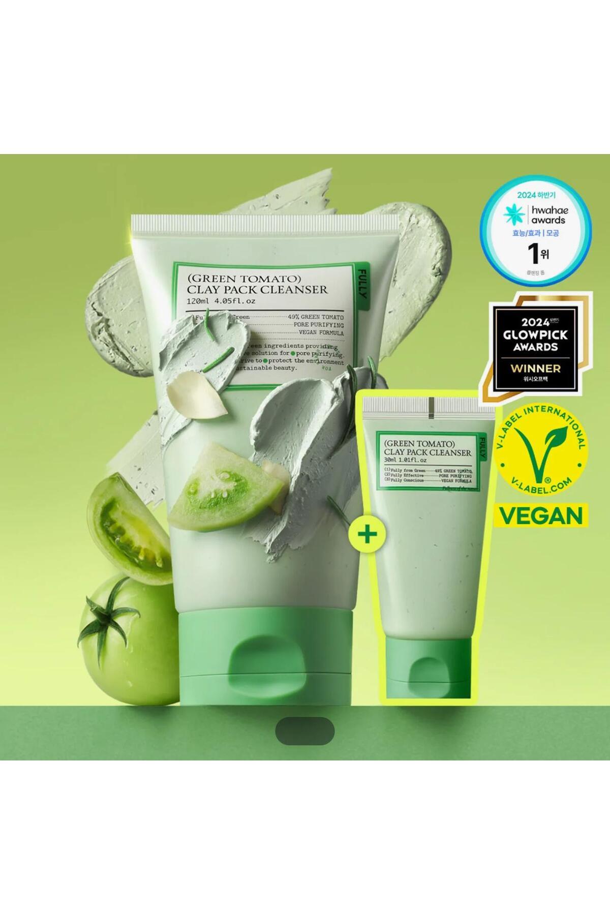 FULLY Green Tomato Clay Pack Cleanser 120ml Set-Detoks Kil Maskesi Temizleyici, (+30ml)(UÇANFİL)