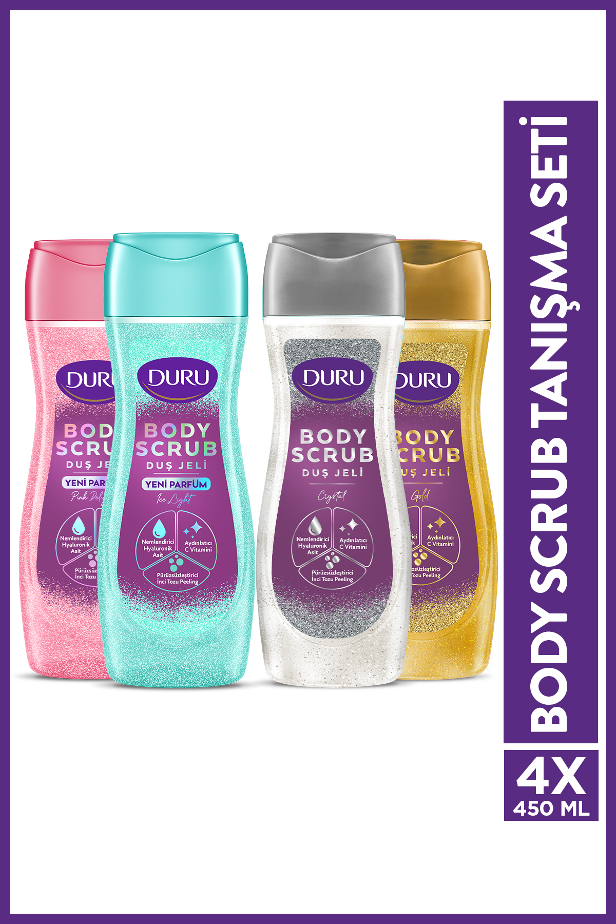 Duru Body Scrub Duş Jeli Tanışma Seti 4x450ml (Gold, Crystal, Pink, Ice)