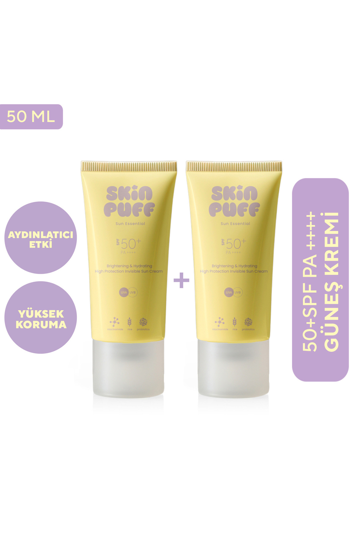 SKİNPUFF Sun Essential Spf 50 Pa Aydınlatıcı Ve Nemlendirici Yüksek Koruma Güneş Kremi - 2li Paket