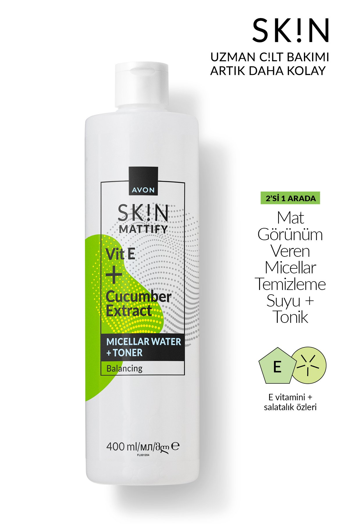 AVON SK!N Mat Görünüm Veren Micellar Temizleme Suyu + Tonik 400 Ml.