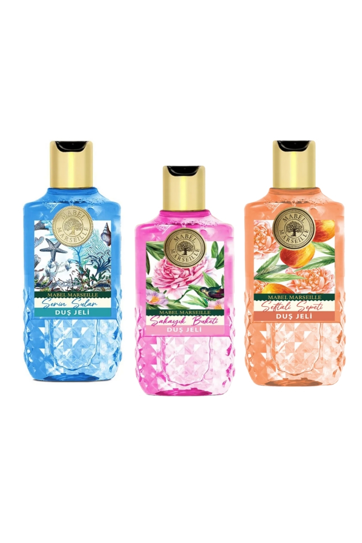 mabel marseille Duş Jeli 3'lü Set 3x750 ml – Serin Sular, Şakayık, Şeftali Sepeti
