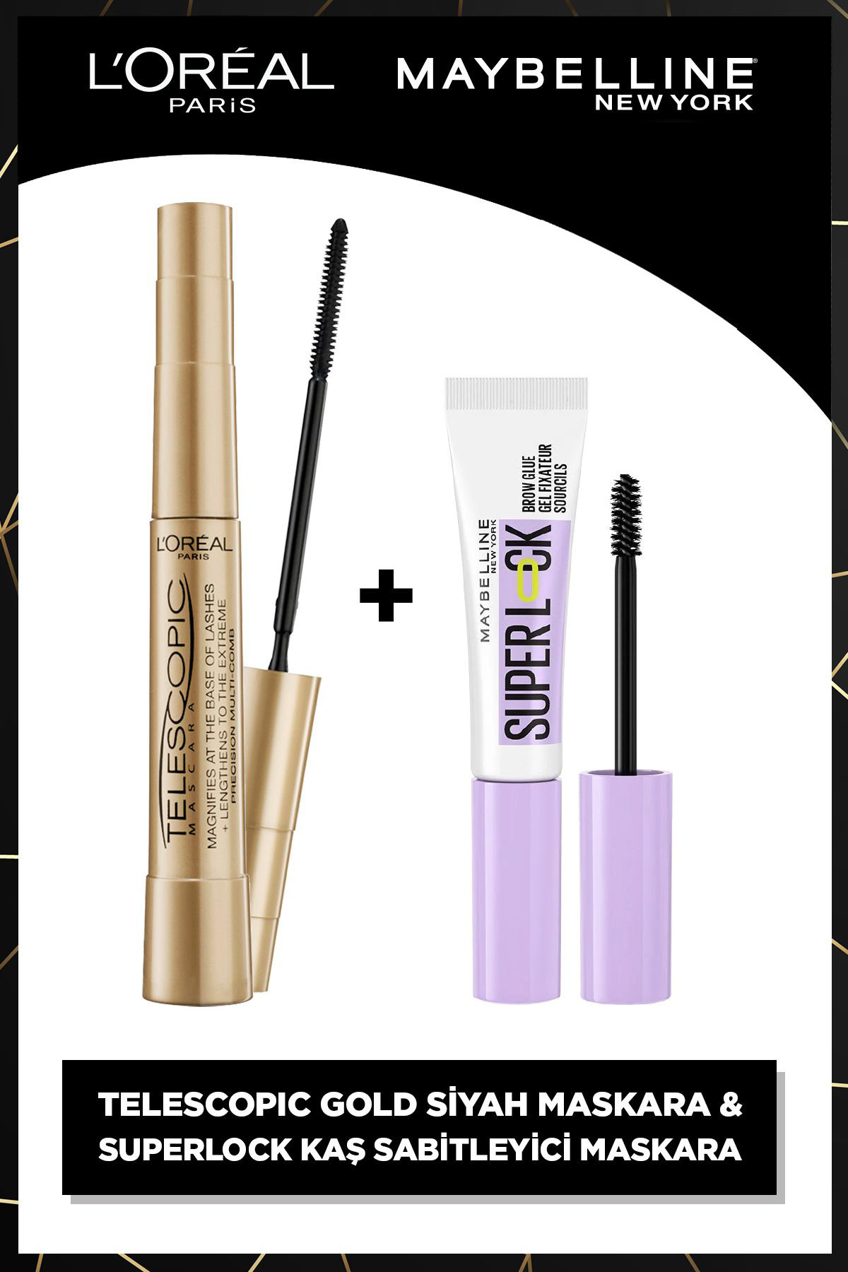 L'Oreal Paris Telescopic Gold Maskara - Siyah & Super Lock Brow Glue Kaş Sabitleyici Maskara - Şeffaf