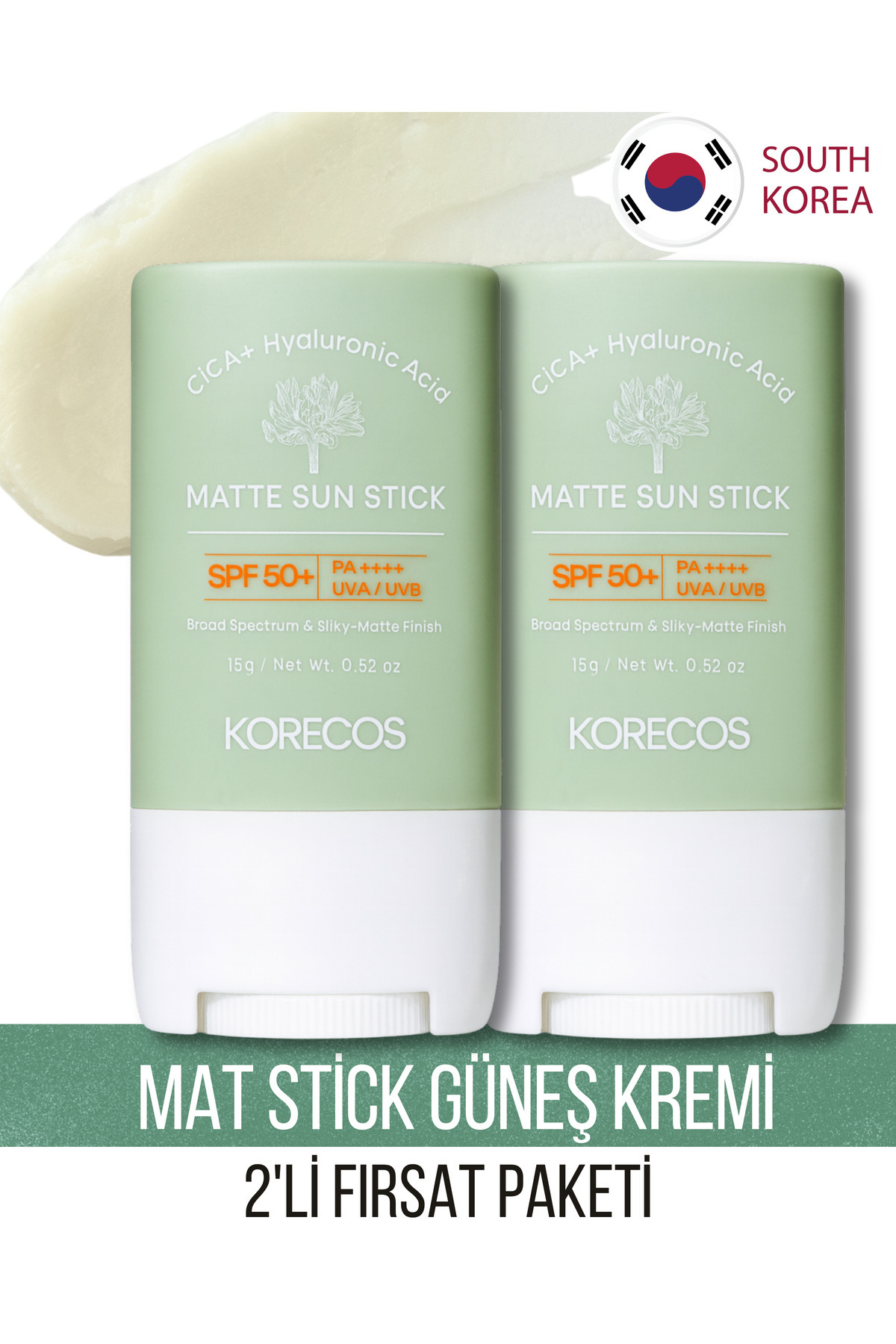 KORECOS Matte Sun Stick Spf50+ PA++++ UVA/UVB Mat Bitişli Yüksek Korumalı Stick Güneş Kremi 2'li