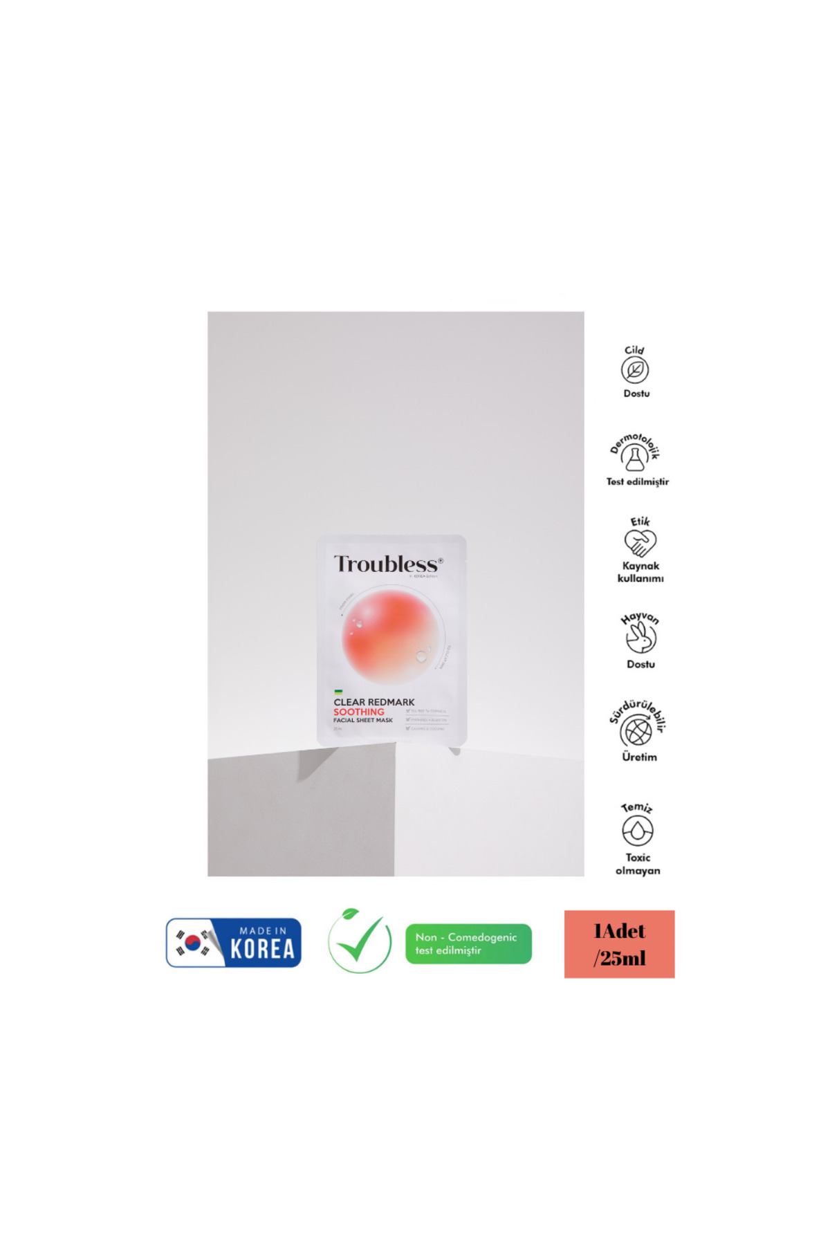 Troubless Akne& Ve Kızarıklık Karşıtı Doğal Liflerden Üretilmiş Yüz Maskesi 1 Adet/25ml