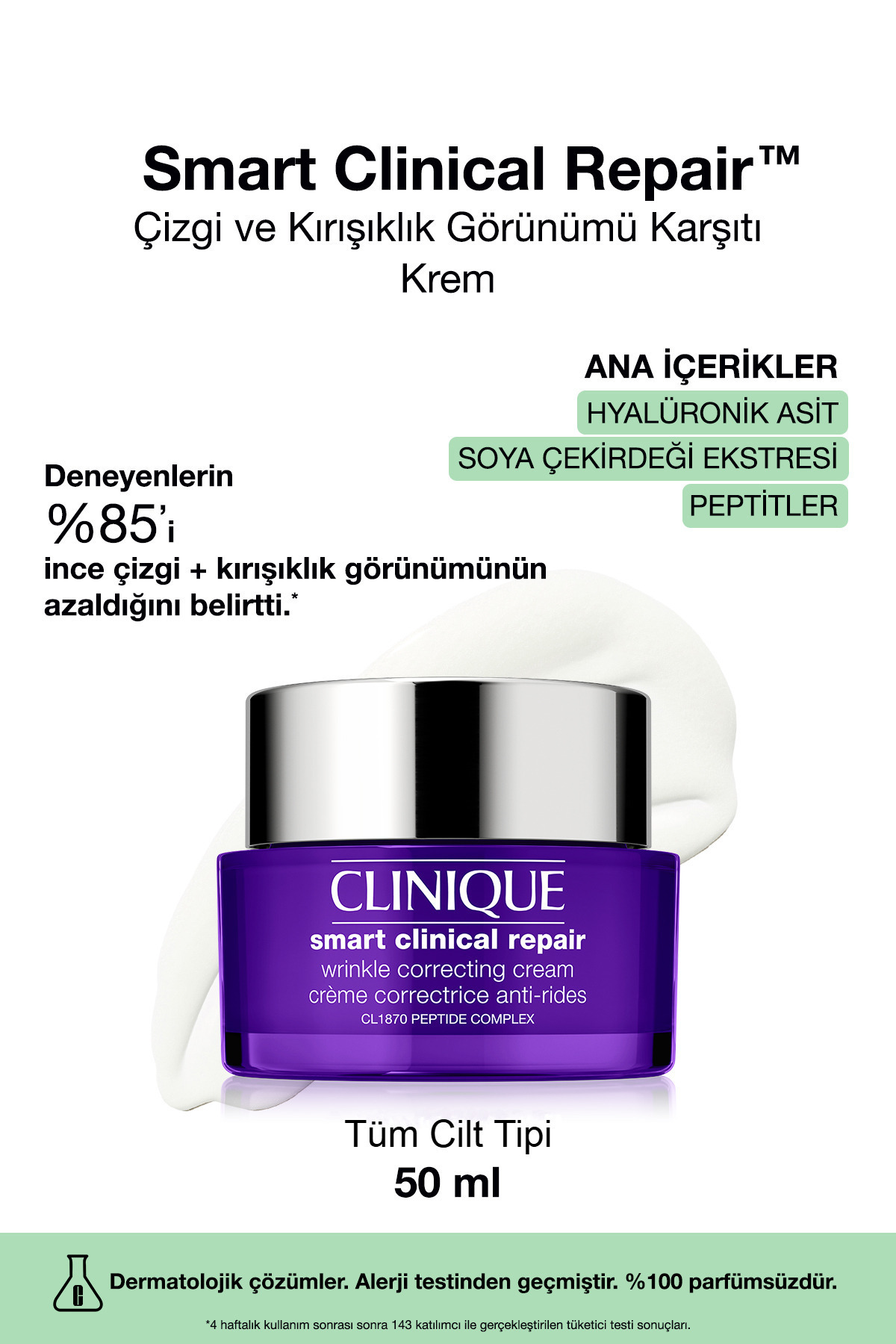 Clinique Smart Clinical Repair™ Çizgi Ve Kırışıklık Görünümü Karşıtı Krem 50 ml | Hyalüronik Asit, Peptit