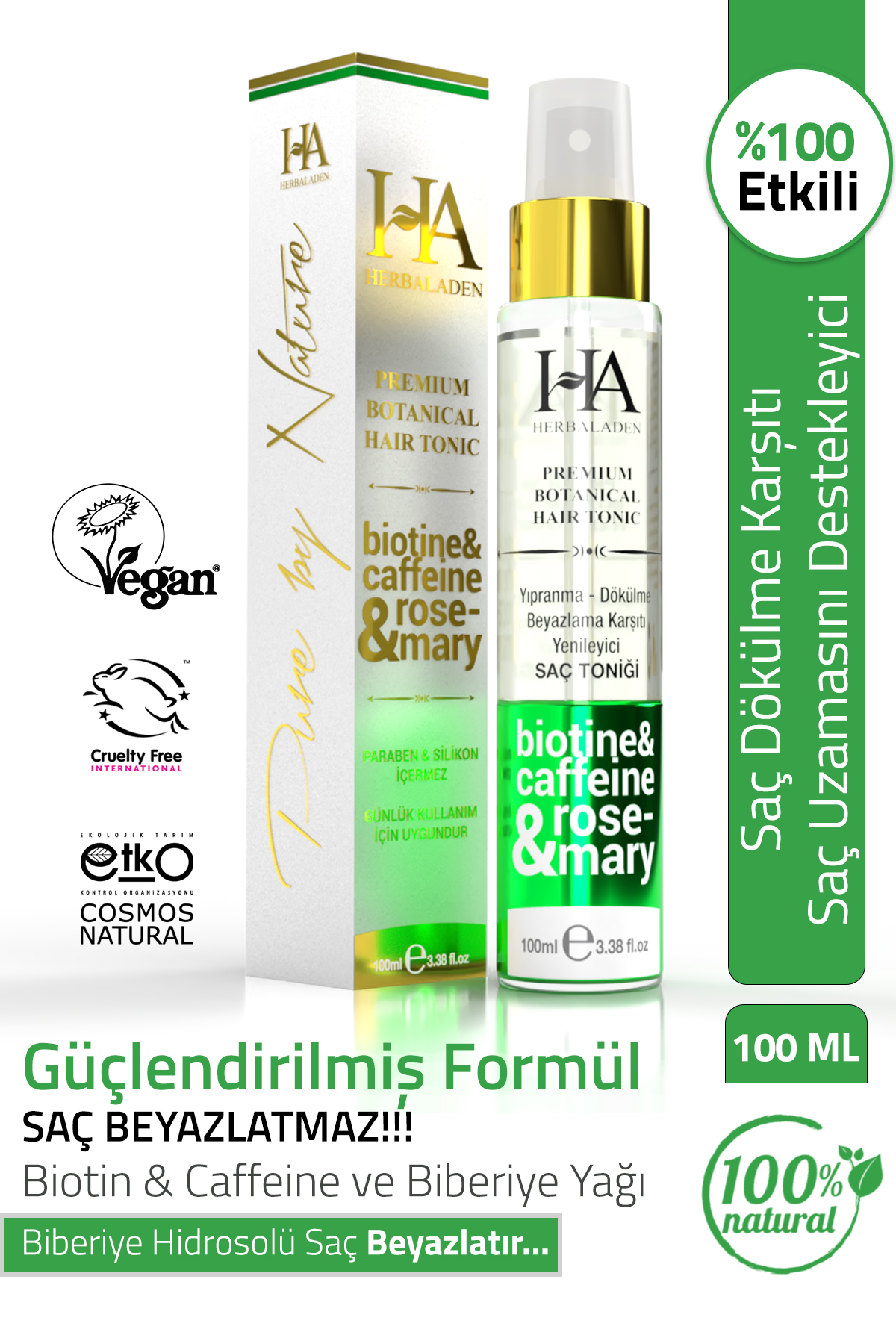 Herbaladen Biberiye Suyu & Caffeine & Biotin Dökülme Karşıtı ve Saç Uzamasını Destekleyici Bakım Toniği 100 ML