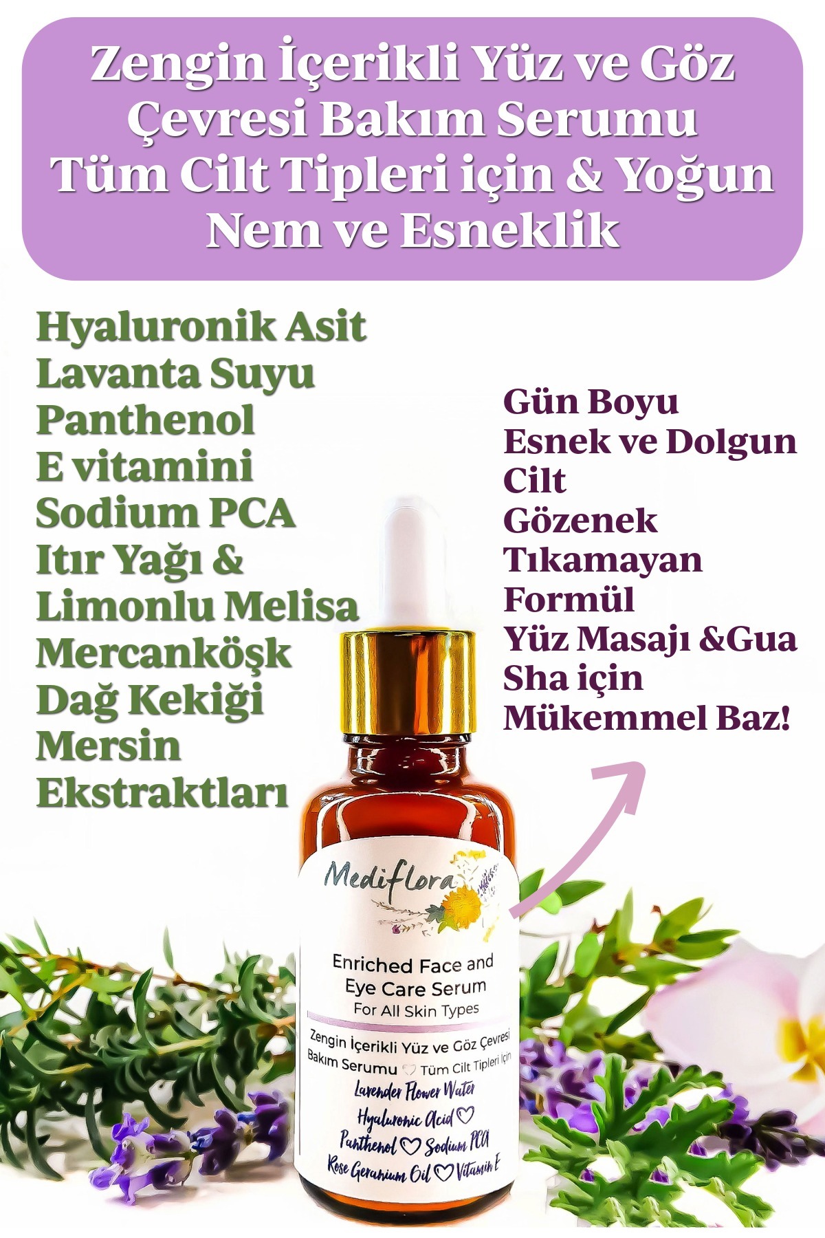 Mediflora Zengin İçerikli Yüz ve Göz Çevresi Bakım Serumu – Hyaluronik Asit & Aromatik Bitkiler