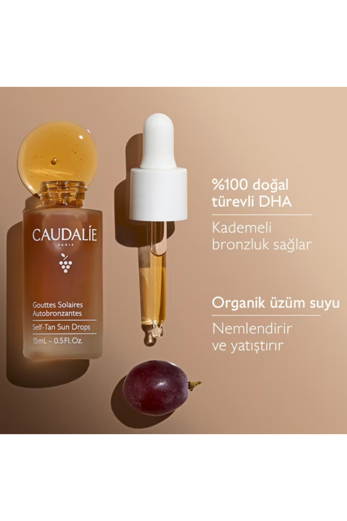 Caudalie Doğal ve Işıltılı Bronzluk Kazandırıcı Besleyici ve Nemlendirici Güneşsiz Bronzlaştırıcı Damla 15ml