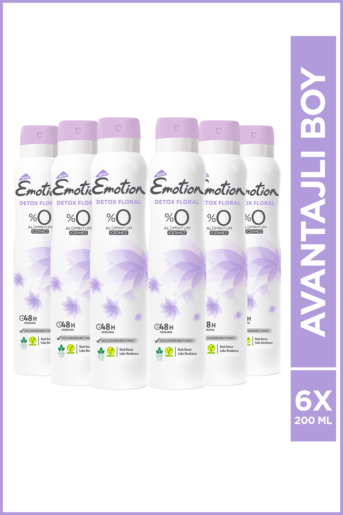 Emotion Detox Floral Kadın Alüminyumsuz Vegan Deodorant 6x200 ml Hızlı Kurur,Leke Bırakmaz