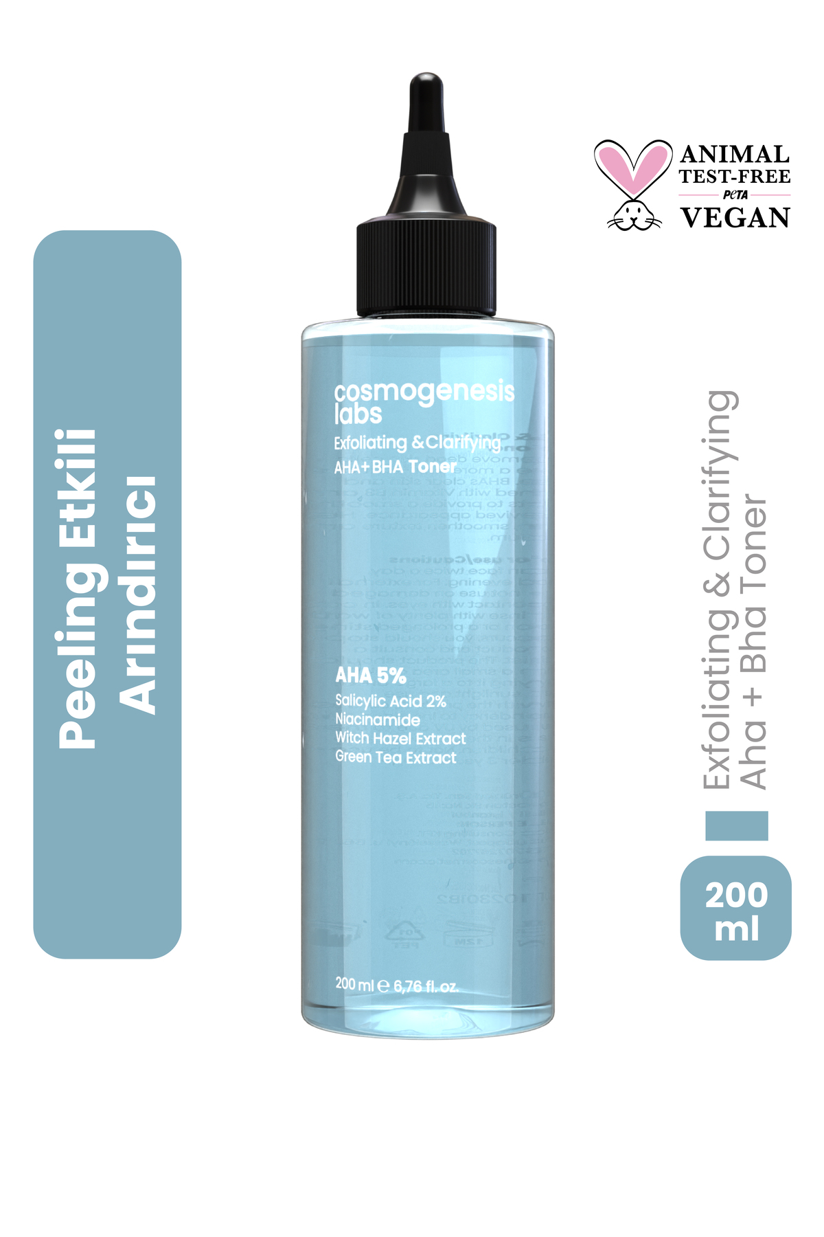 Cosmogenesis Labs Peeling Etkili Tonik 200ml – %5 AHA %2 BHA Arındırıcı Gözenek Sıkılaştırıcı Ph Dengeleyici Vegan