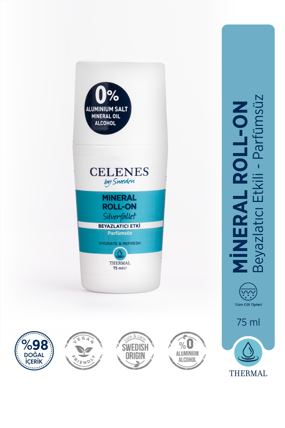 Celenes Alüminyum - Parfüm Içermeyen Beyazlatıcı Etkili Thermal Roll On Ve Deodorant - Silverfallet 75 ml