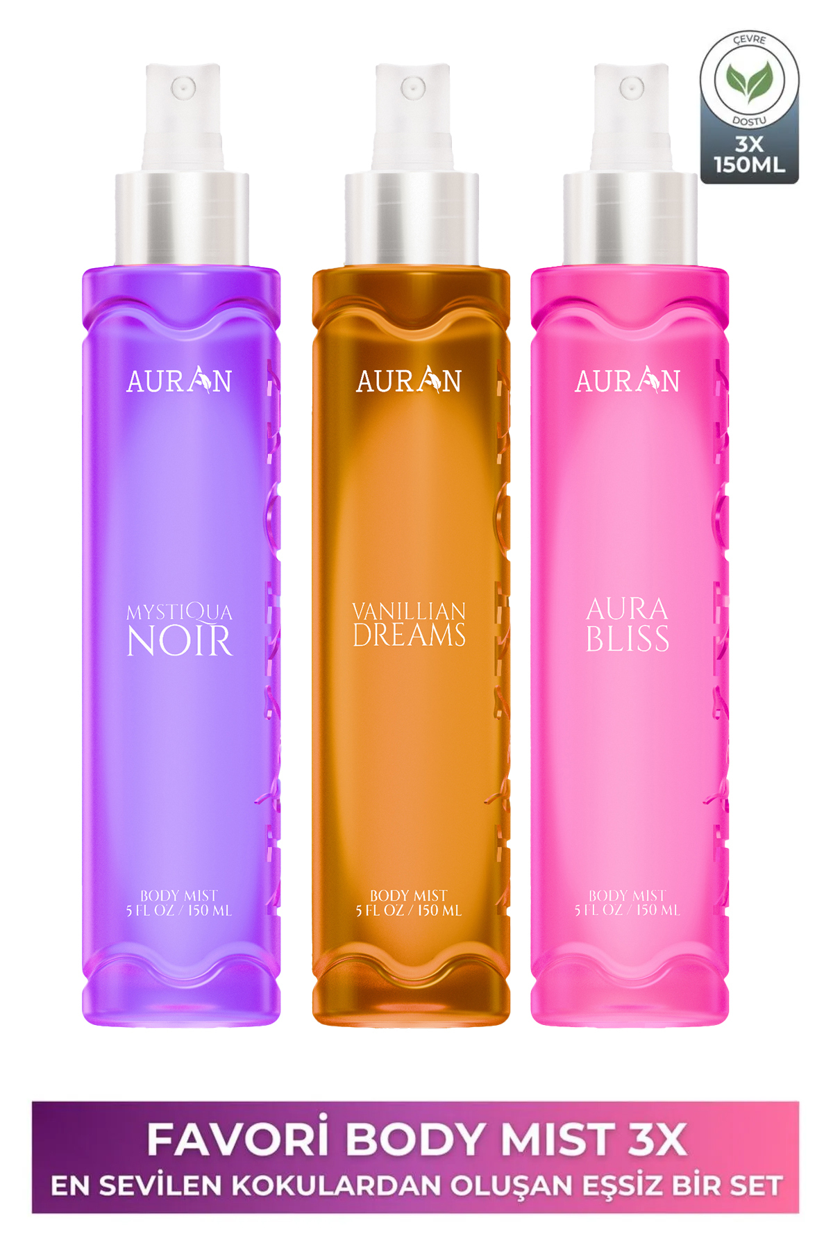 AURAN 3'lü Çok Sevilen Favori Parfümlü Kadın Vücut Spreyleri Body Mist Spray Seti 3x 150ml