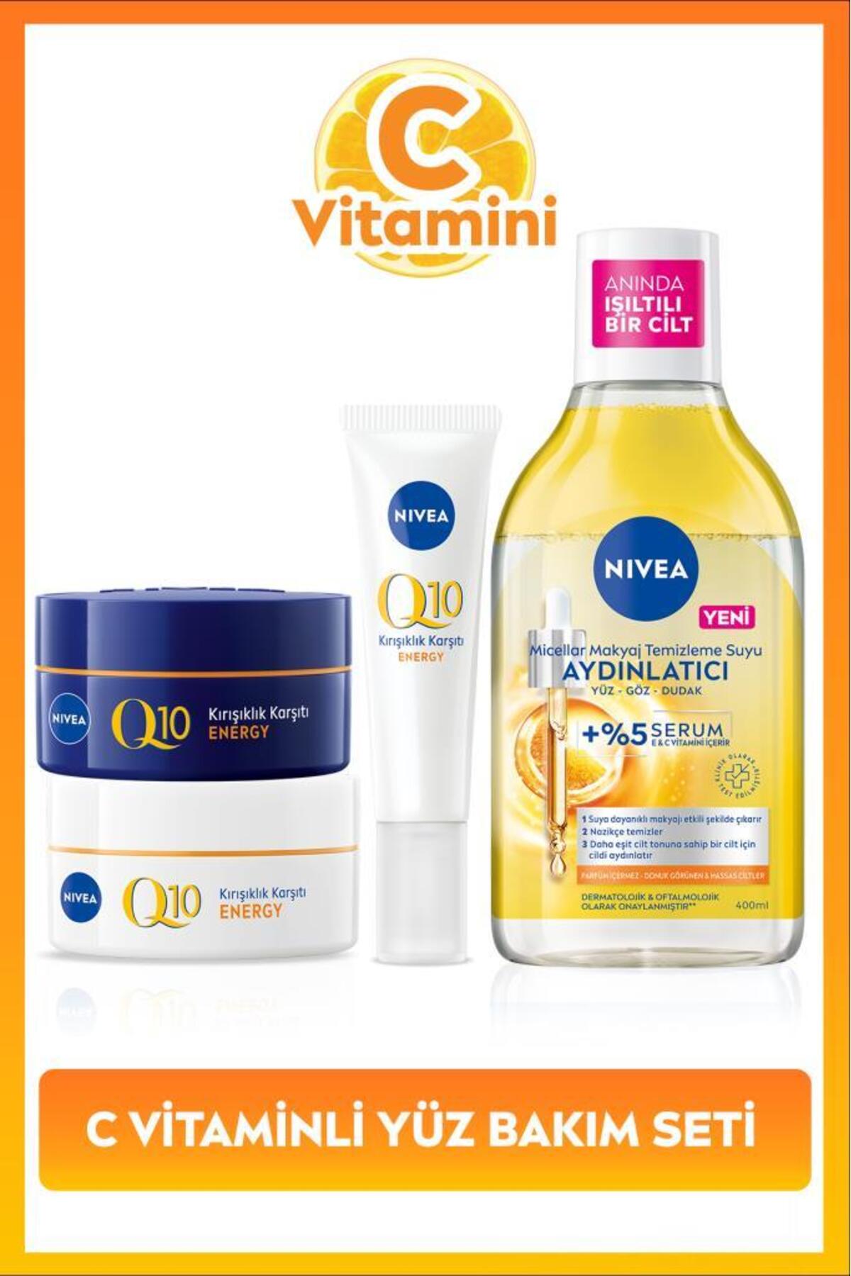 NIVEA C Vitamini Çeyiz Seti, Micellar Makyaj Temizleme Suyu 400ml,Göz Kremi 15ml, Gündüz ve Gece Yüz Kremi